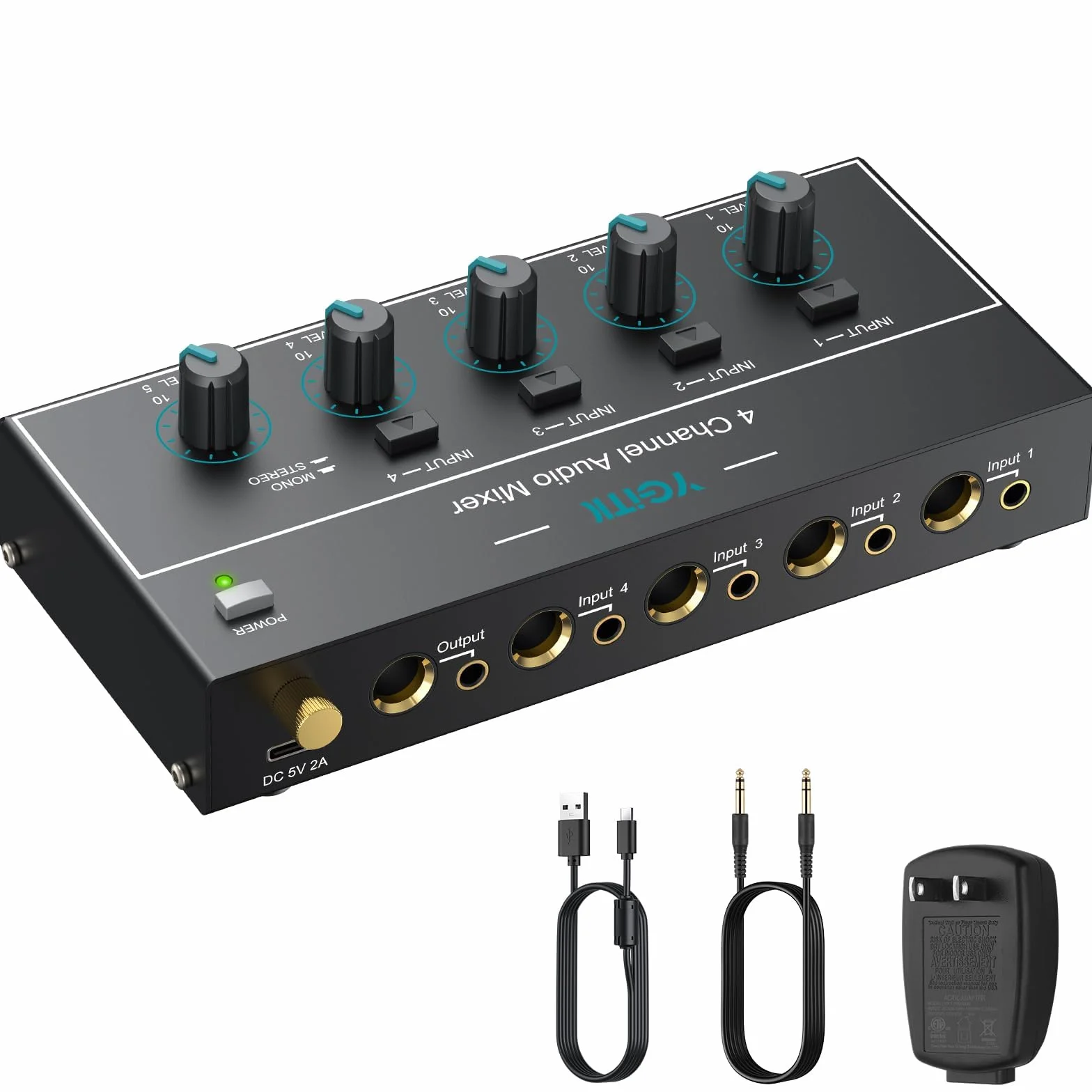 Mini mikser audio, 4-kanałowy mikser liniowy stereo 1/4" & 1/8" TSR Audio Output Input Jack, mikser liniowy stereo/mono z niezależną kontrolą i przełącznikiem dla gitar, basu, klawiatur