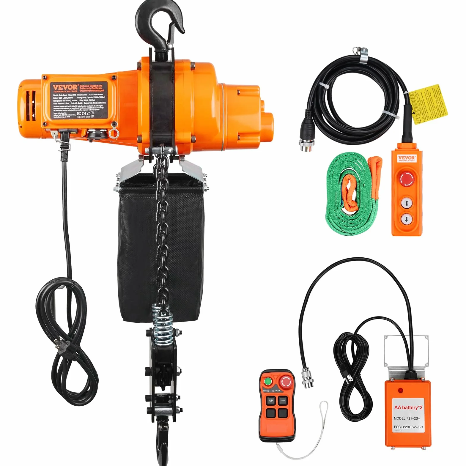 VEVOR Elektryczny wciągnik łańcuchowy, nośność 998 kg, wysokość podnoszenia 6 m, jednofazowy żuraw mostowy 230 V z łańcuchem, bezprzewodowym pilotem zdalnego sterowania i przewodowym do garażu,