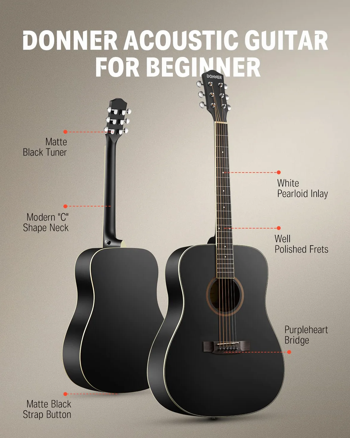Donner Gitara akustyczna Dreadnought 4/4 104 cm, zestaw dla początkujących, czarny