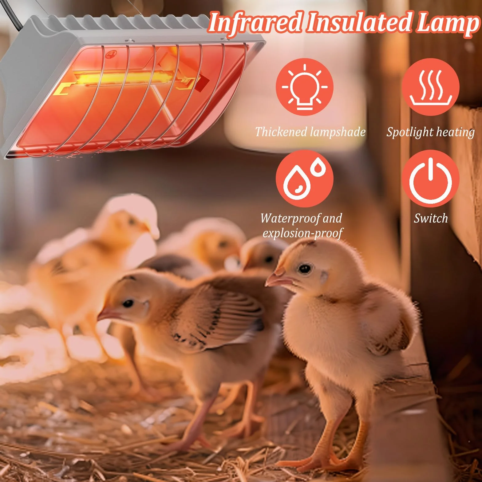 Lampa grzewcza dla piskląt, 250 W, czerwone światło, lampa grzewcza, kurnik z przełącznikiem oszczędnym, kabel zasilający 1,8 m, automatyczna termostatyczna lampa na podczerwień dla kur, kaczek
