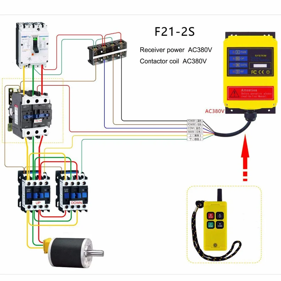 Przemysłowy bezprzewodowy pilot zdalnego sterowania, przełącznik AC DC, elektryczny wciągnik, nadajnik, odbiornik do dźwigu i windy F21-2S, zasięg sterowania 100 m (380 V AC)
