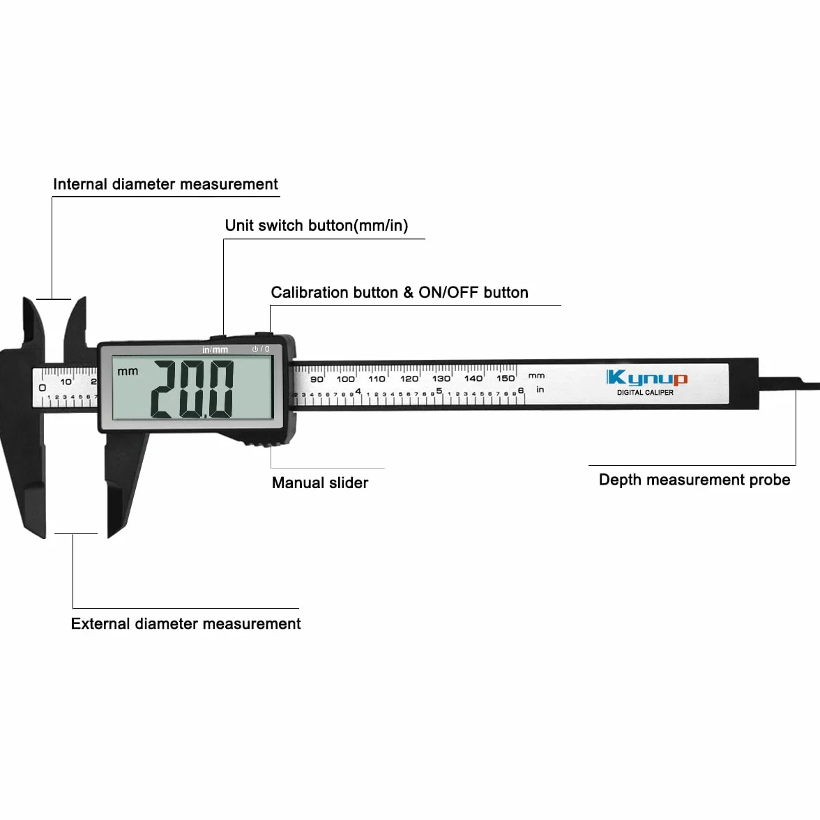 Kynup Suwmiarka cyfrowa z dużym ekranem LCD, suwmiarka cyfrowa 150 mm, konwersja w calach/milimetrach, lekka dokładna suwmiarka cyfrowa, narzędzia pomiarowe, włókno węglowe, 6"