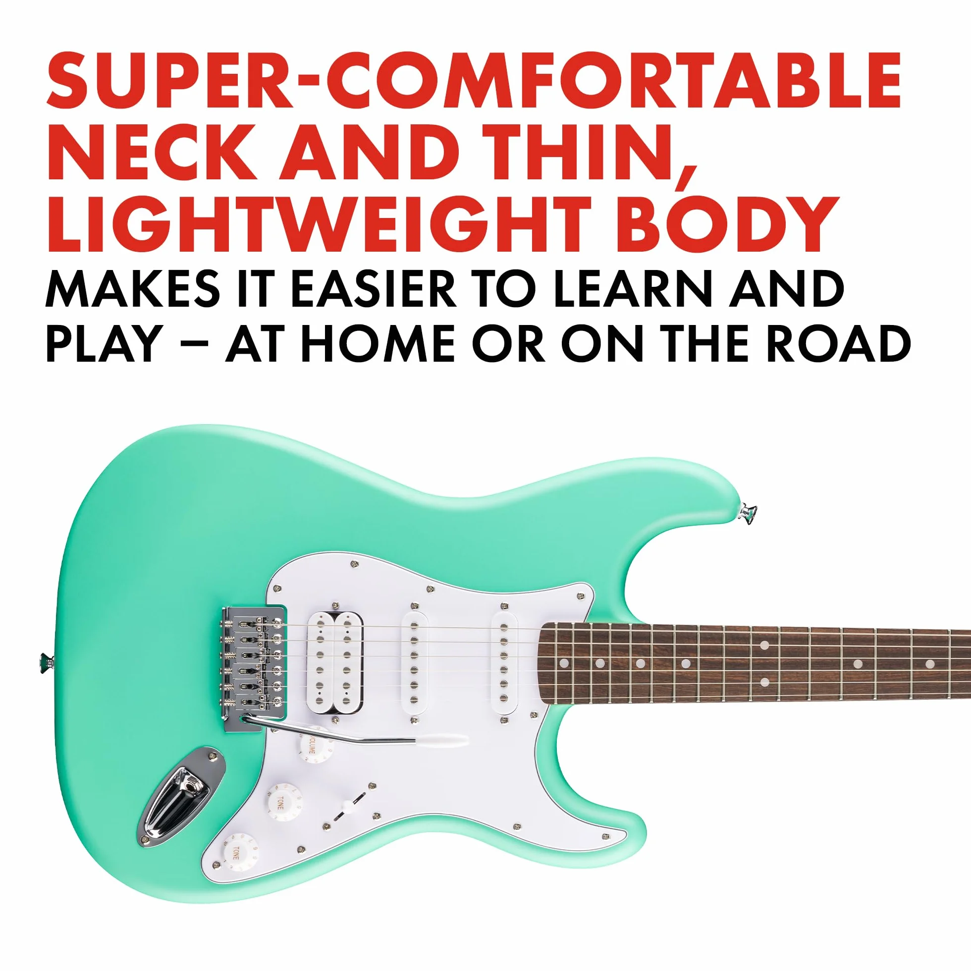 Squier by Fender Debut Collection HSS Stratocaster gitara elektryczna, podstrunnica Laurel, biała maskownica, Seafoam Green