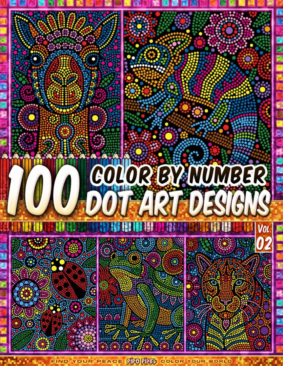 Dot Art Color by Number - Folk Art Animals - Vol. 02: 100 Dot Art Designs - Rustic Animal Patterns And Floral Beauty