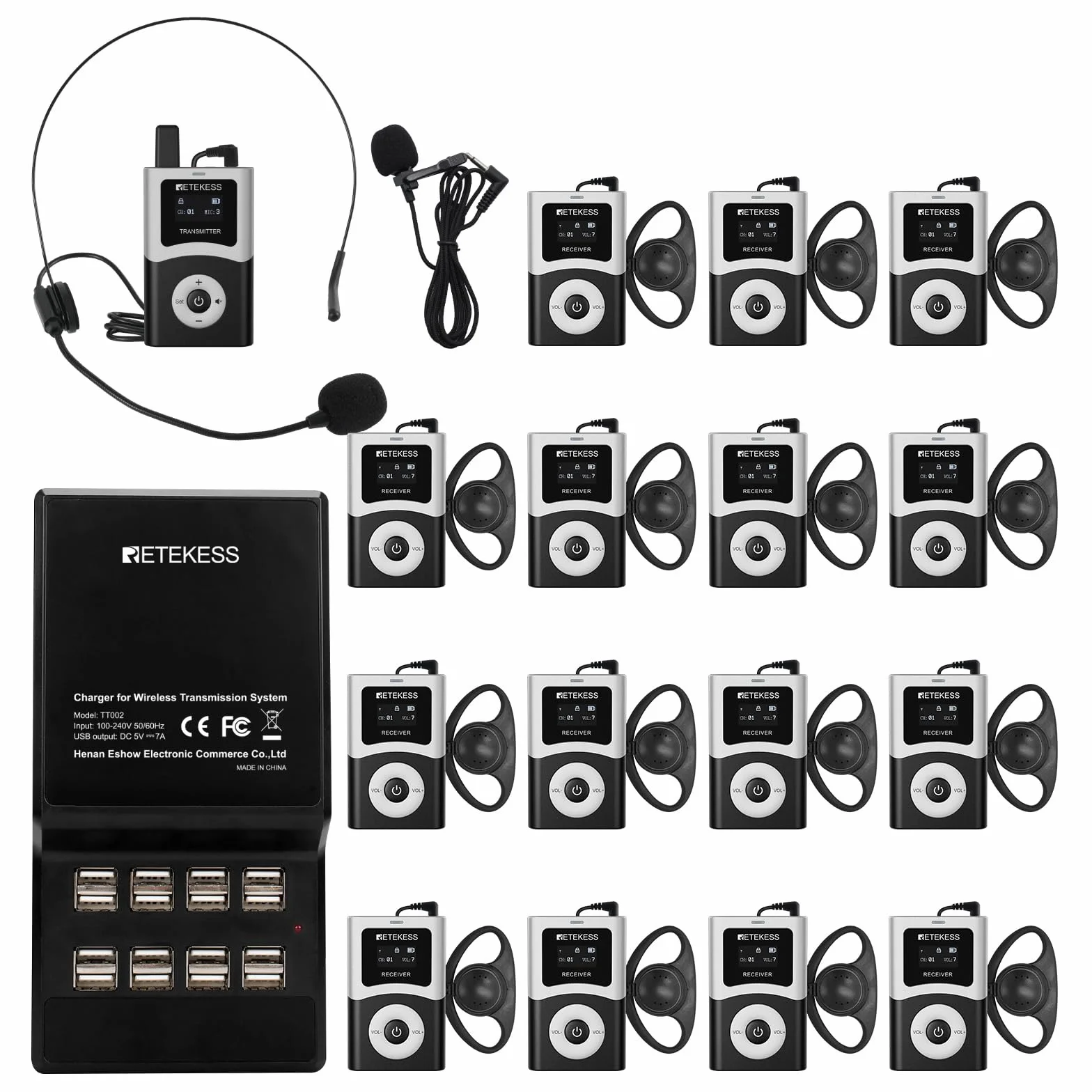 Retekess T130U (T130 4rd) Audio Tour Guide, Zestaw Tour Guide, Mikrofon Tour Guide, 200 m, Obsługa Jednym Przyciskiem, 16 Portów Ładowania USB, Do Wielodniowych Wycieczek Na Zewnątrz
