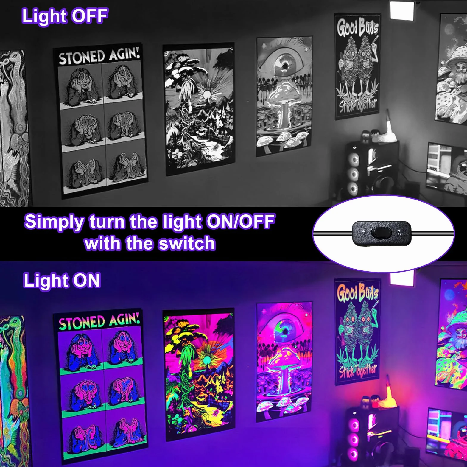 Reflektory czarne światło 50W, lampa UV czarna z wyłącznikiem, 395-400 nm, wodoodporność IP65 reflektor UV imprezowy reflektor na bar akwarium Halloween kolory neonowe efekty fluorescencyjne