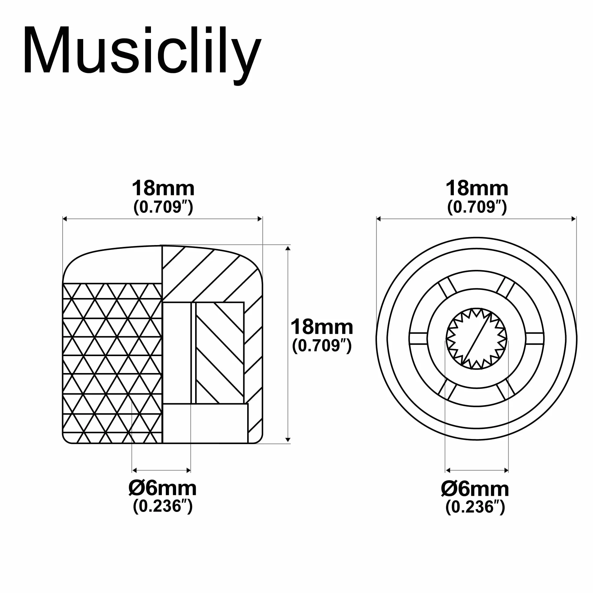 Musiclily Metryczna 6mm Metalowa Gałka Dome Knobs do Gitary Elektrycznej Telecaster lub Precision Bass, Czarny (4 szt.)