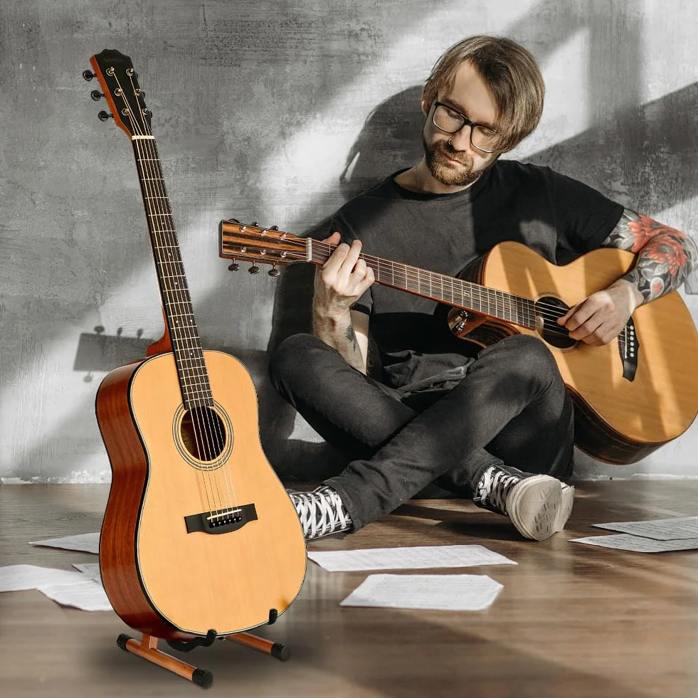 Stojak na gitarę z prawdziwego drewna, gitara akustyczna, elektryczna, basowa, wiolonczela, banjo, mandolina, ukulele, ciemny rysunek słojów