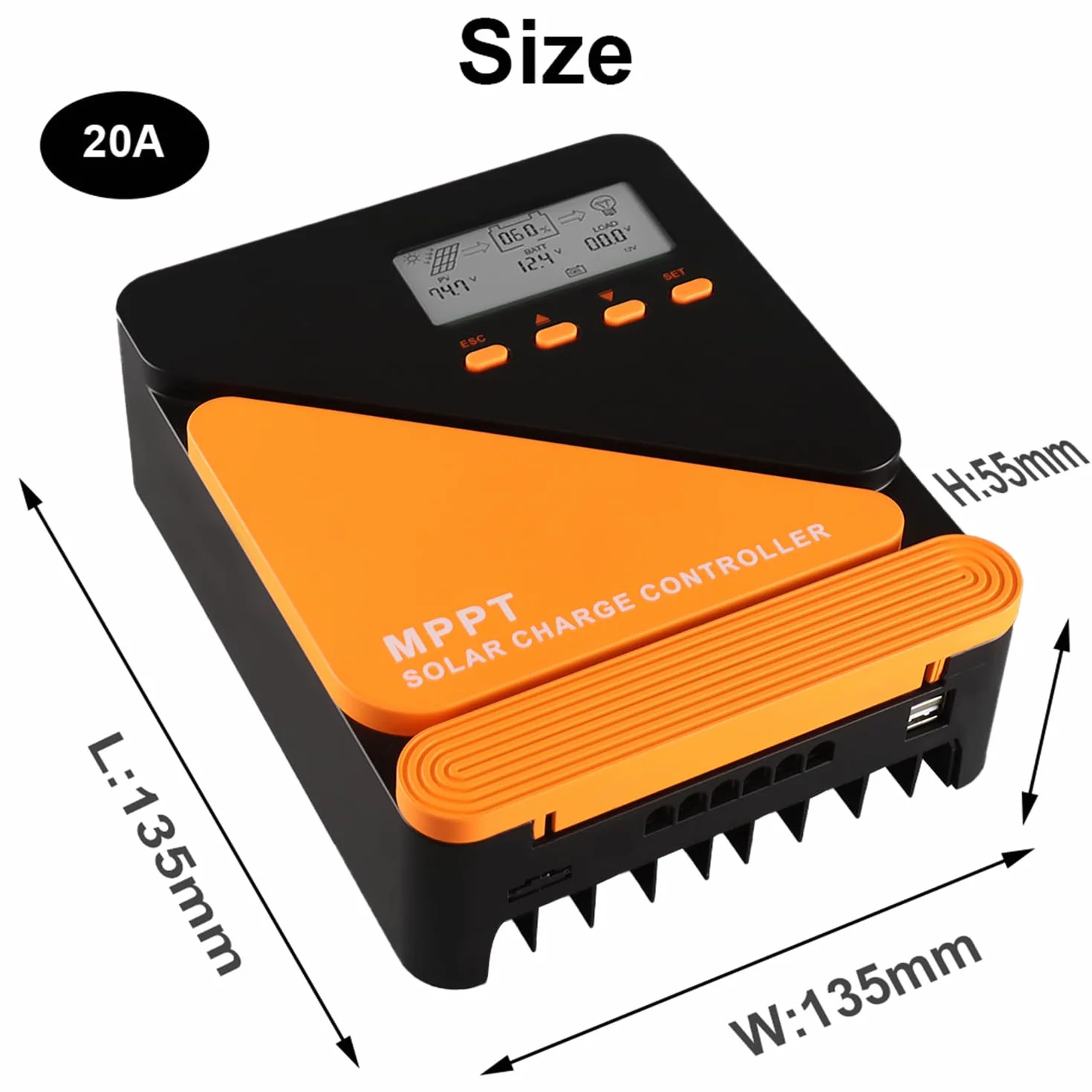 SolaMr 20A MPPT Solar Charge Controller 12/24V Automatyczny z Wyświetlaczem LCD i Podwójnym Portem USB Regulator Akumulatora Panelu Słonecznego do Akumulatorów żelowych i Litowych-GM-D20A