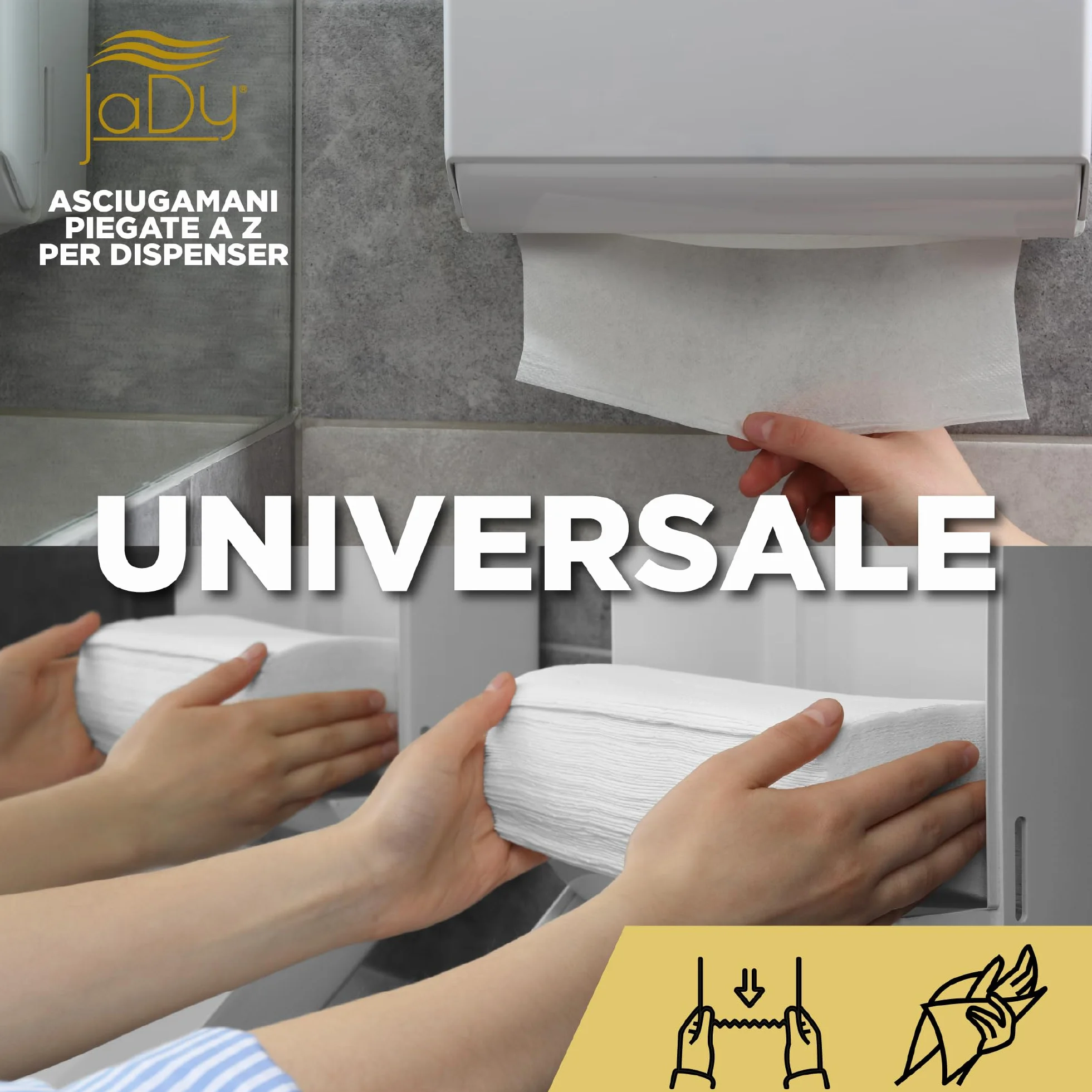 JaDy | Ręczniki papierowe w kształcie litery Z, 150 sztuk, białe, 24 x 21 cm, czysta celuloza, chłonne, uniwersalne, do dozowników, wytrzymałe, trwałe, wydajne suszenie ręczne