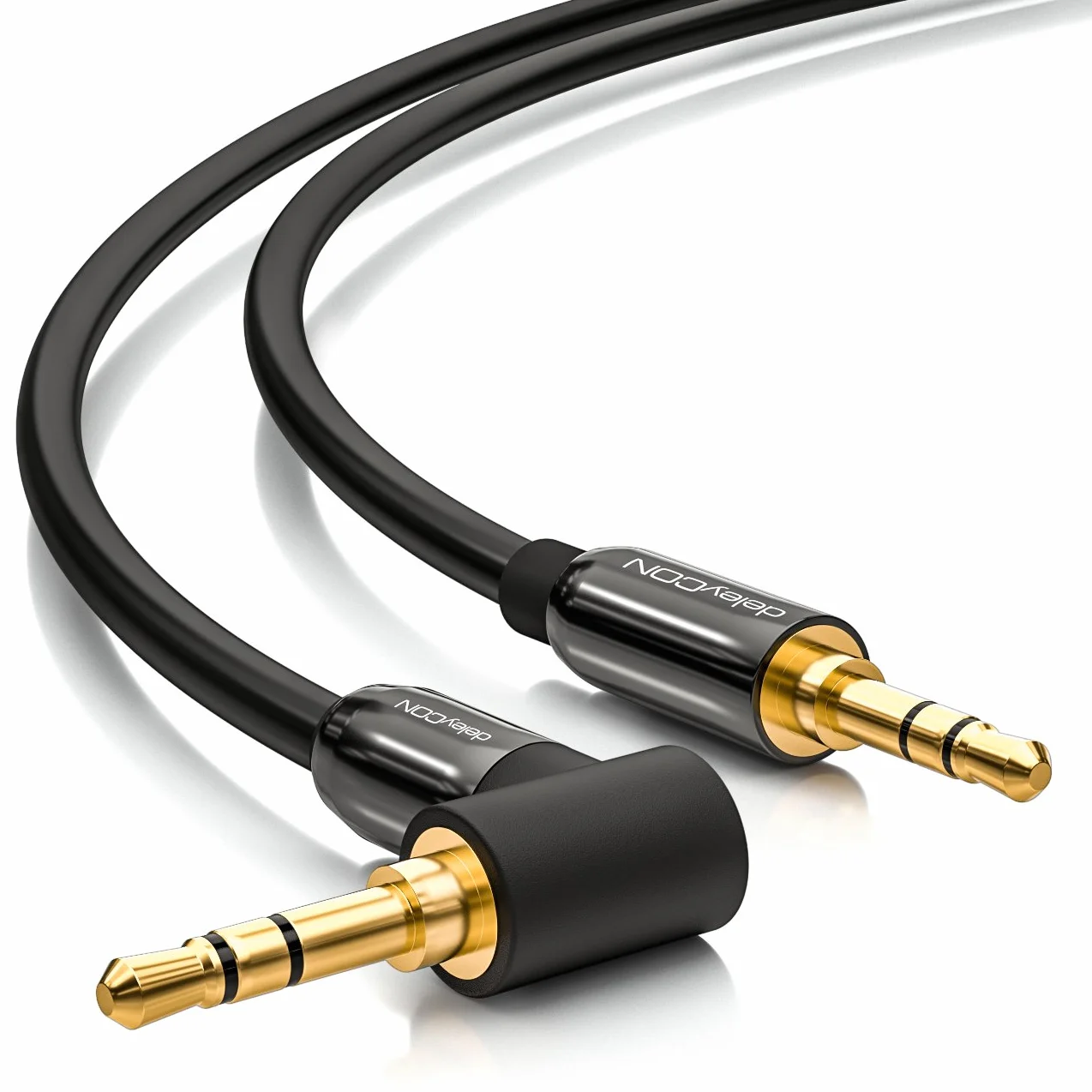 deleyCON 2m Kabel Jack 3,5 mm AUX Kabel Audio Stereo Wtyk Jack 1x Pod Kątem 90° do PC Laptopa Telefonu Smartfona Tabletu Samochodu Amplitunera HiFi - Czarny