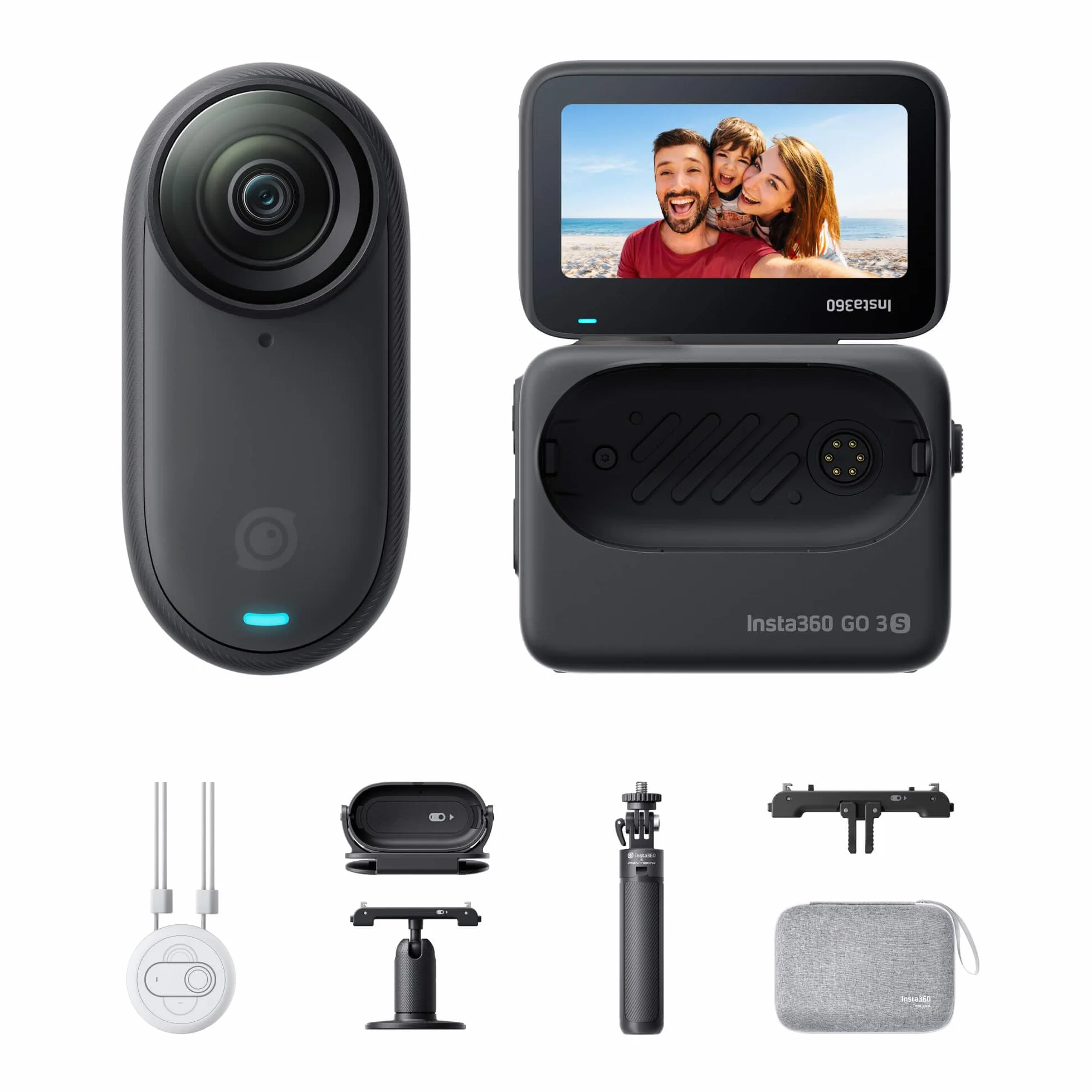 Insta360 Zestaw podróżny GO 3S - kamera vlogowa 4K, POV, zestaw głośnomówiący tam, gdzie chcesz, stabilizacja, bateria 140 min, wodoodporna 10 M, edycja AI, Apple Find My, Vlog, podróże, czarny