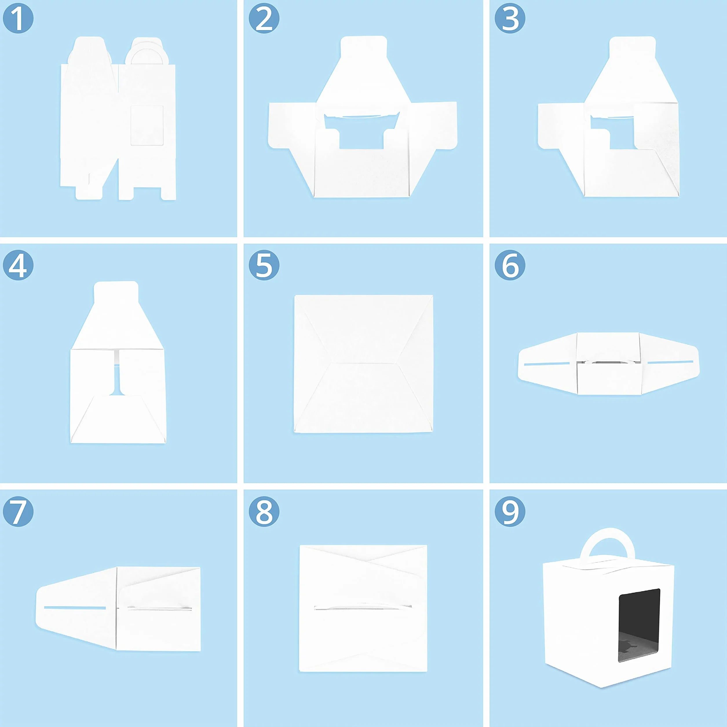 Belle You Białe pudełko papierowe Kraft z oknem i uchwytem (zestaw 50 sztuk) - Pudełko na ciasto 9,39 x 9,39 x 10,66 cm - Pudełko na ciasteczka, babeczki, ciasto i ciasto - Opakowanie na wynos