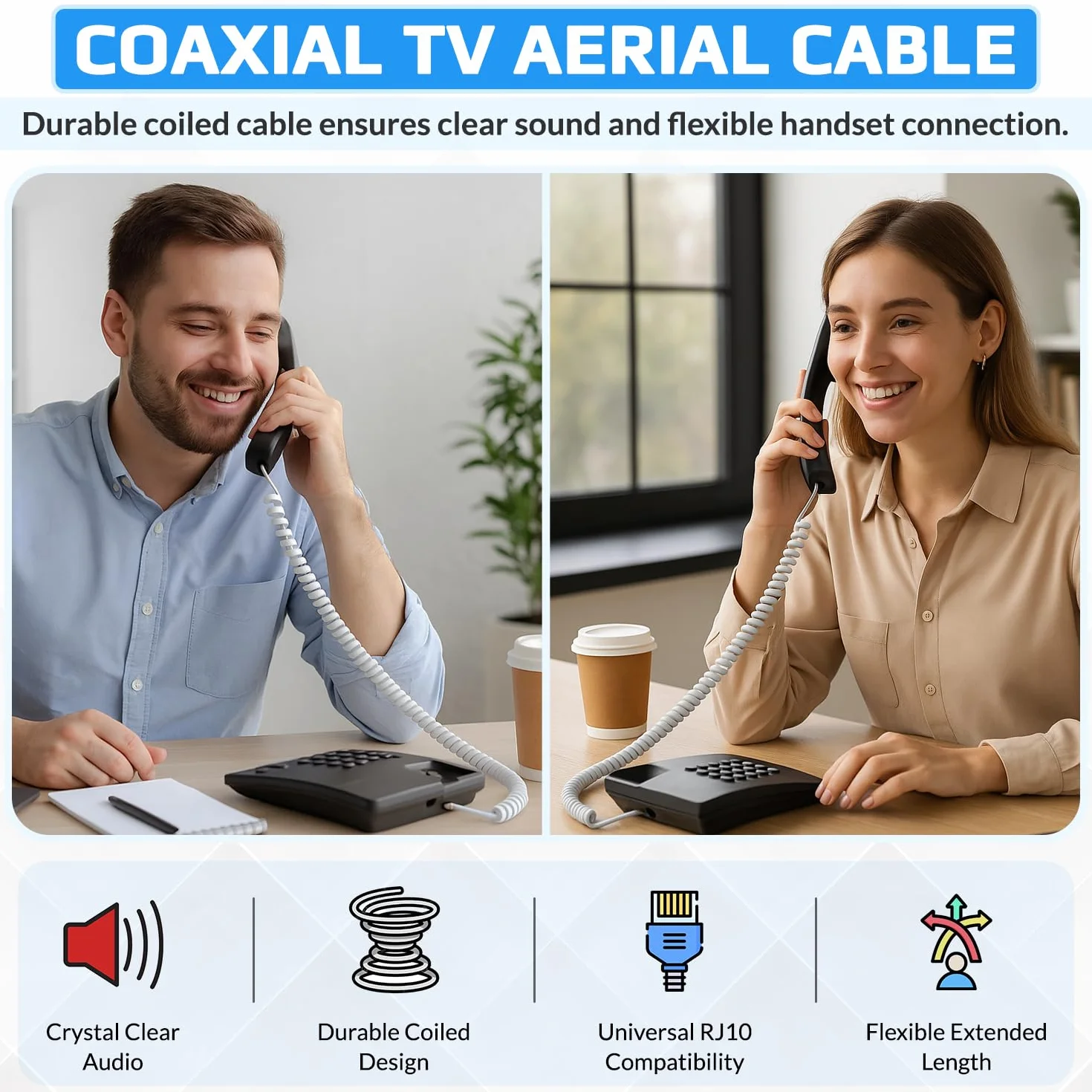Kabel telefoniczny RJ10 z kręconą sprężyną, spiralny przewód słuchawkowy, 3 metry, kompatybilny z telefonami stacjonarnymi/IP BT, AT&T, Cisco, NEC, ROLM, ITT, TI (biały)