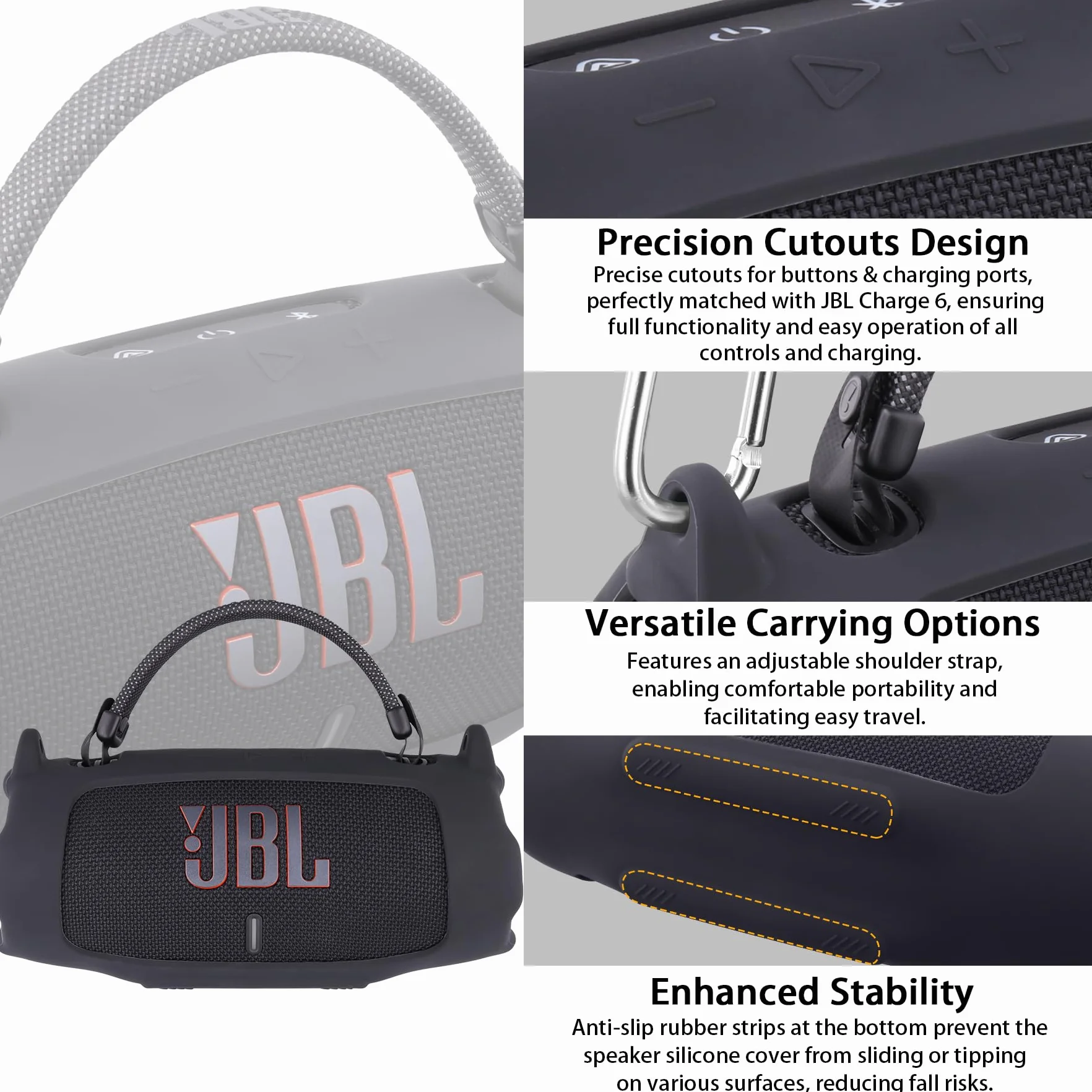 Khanka Silikonowe Etui Ochronne do JBL Charge 6 ze Zdejmowanym Paskiem na Ramię i Hakiem Użytkowym, Elastyczne Miękkie Pokrowiec do Przenośnego Głośnika Bluetooth (Czarne)