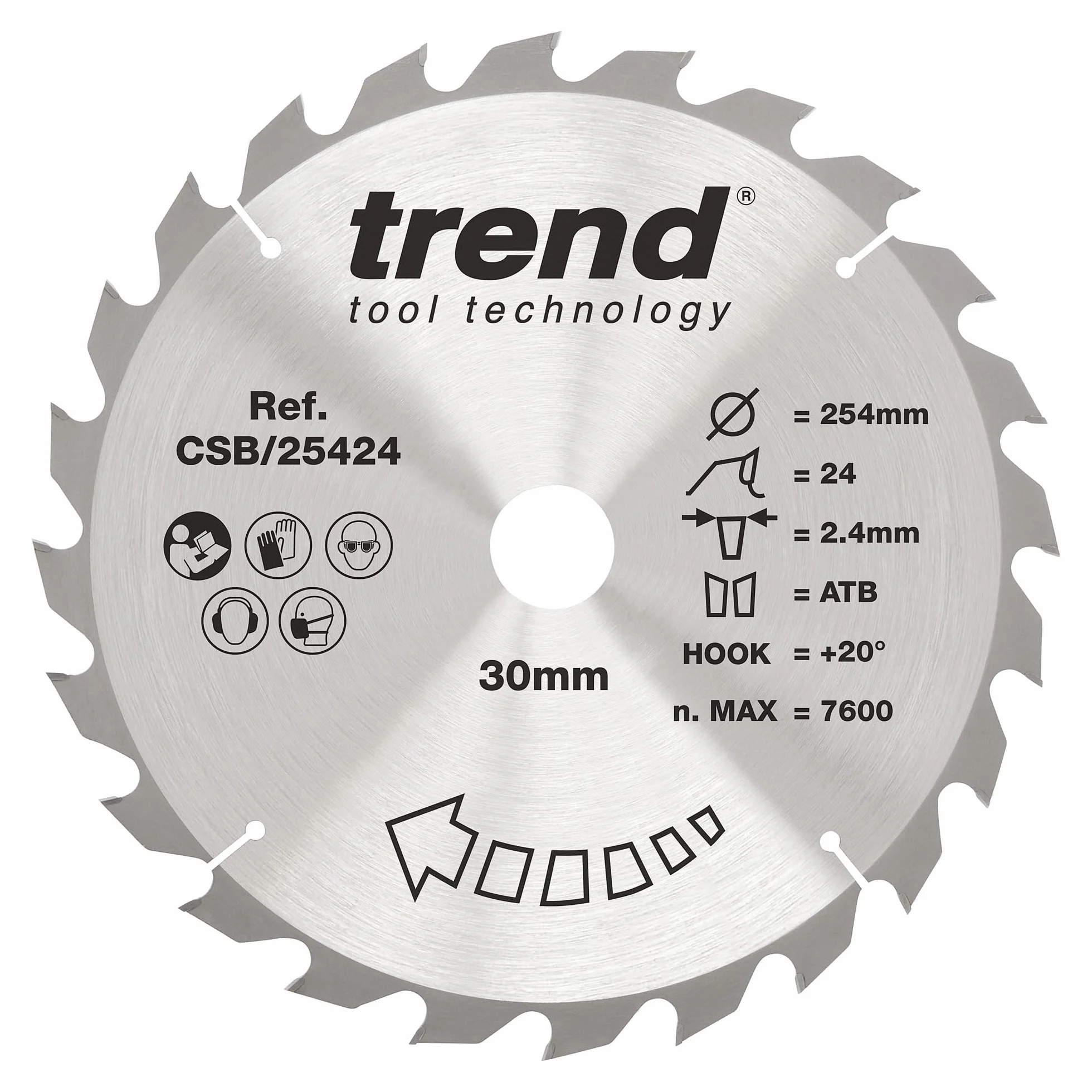 Trend Wood brzeszczot do piły tarczowej, średnica 254 mm, otwór 30 mm, 24 zęby, 2,4 mm szczelina tnąca, +hak 20°, TCT, gruba powierzchnia, CSB/25424