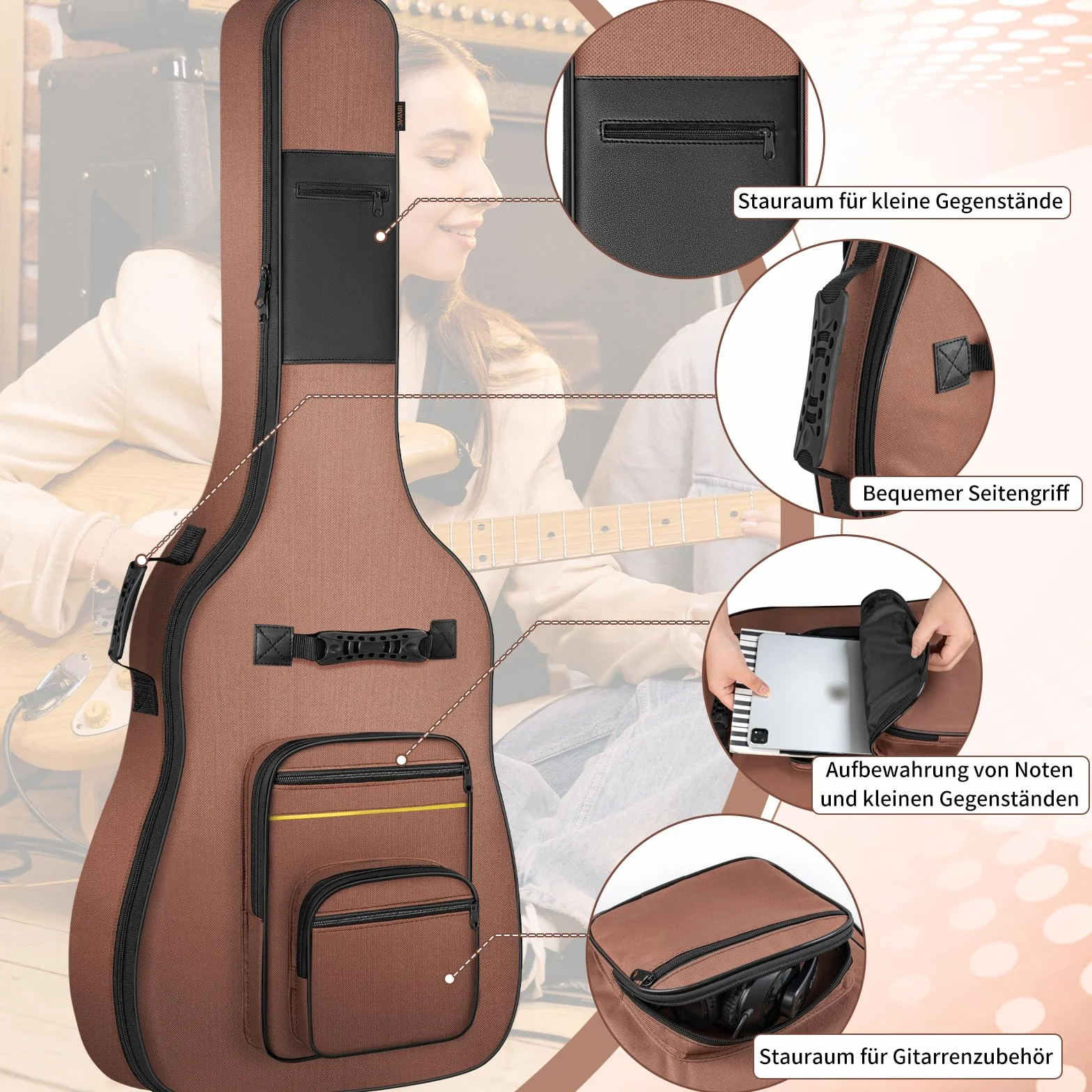OUUTMEE Torba na gitarę akustyczną, E-bas brązowy, 124 x 41 x 6 cm, torba na bas elektryczny