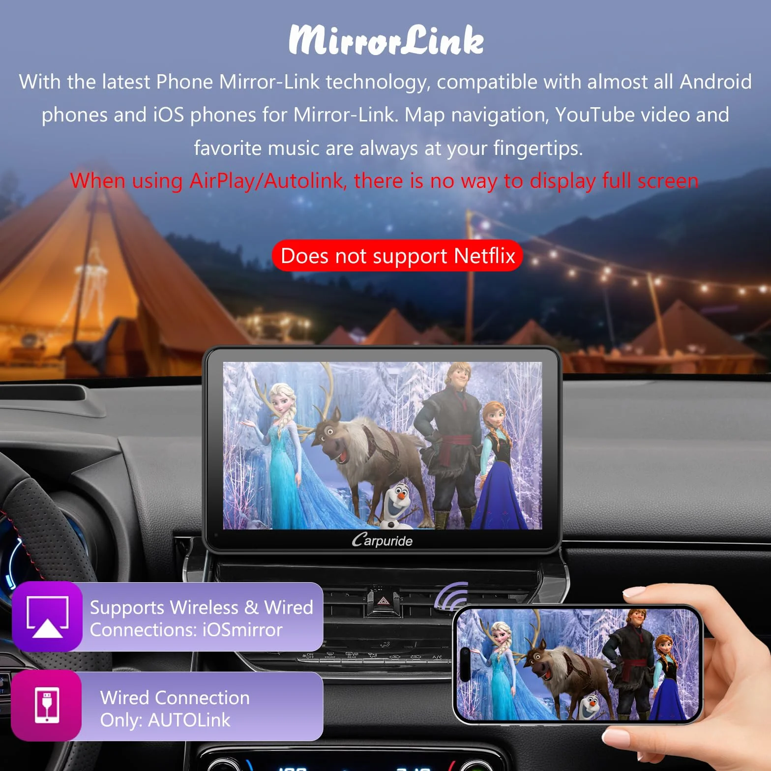 Carpuride W701 Pro z bezprzewodową transmisją Bluetooth, przenośne radio samochodowe z CarPlay i Android Auto, 7-calowy ekran dotykowy 1080p, MirrorLink/GPS/Siri/FM, w zestawie 3 uchwyty
