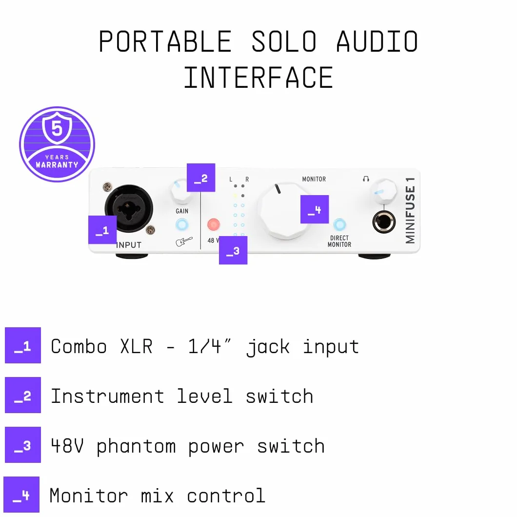 Arturia - MiniFuse 1 - Kompaktowy interfejs audio USB z kreatywnym oprogramowaniem do nagrywania, produkcji, podcastów, gitary - biały