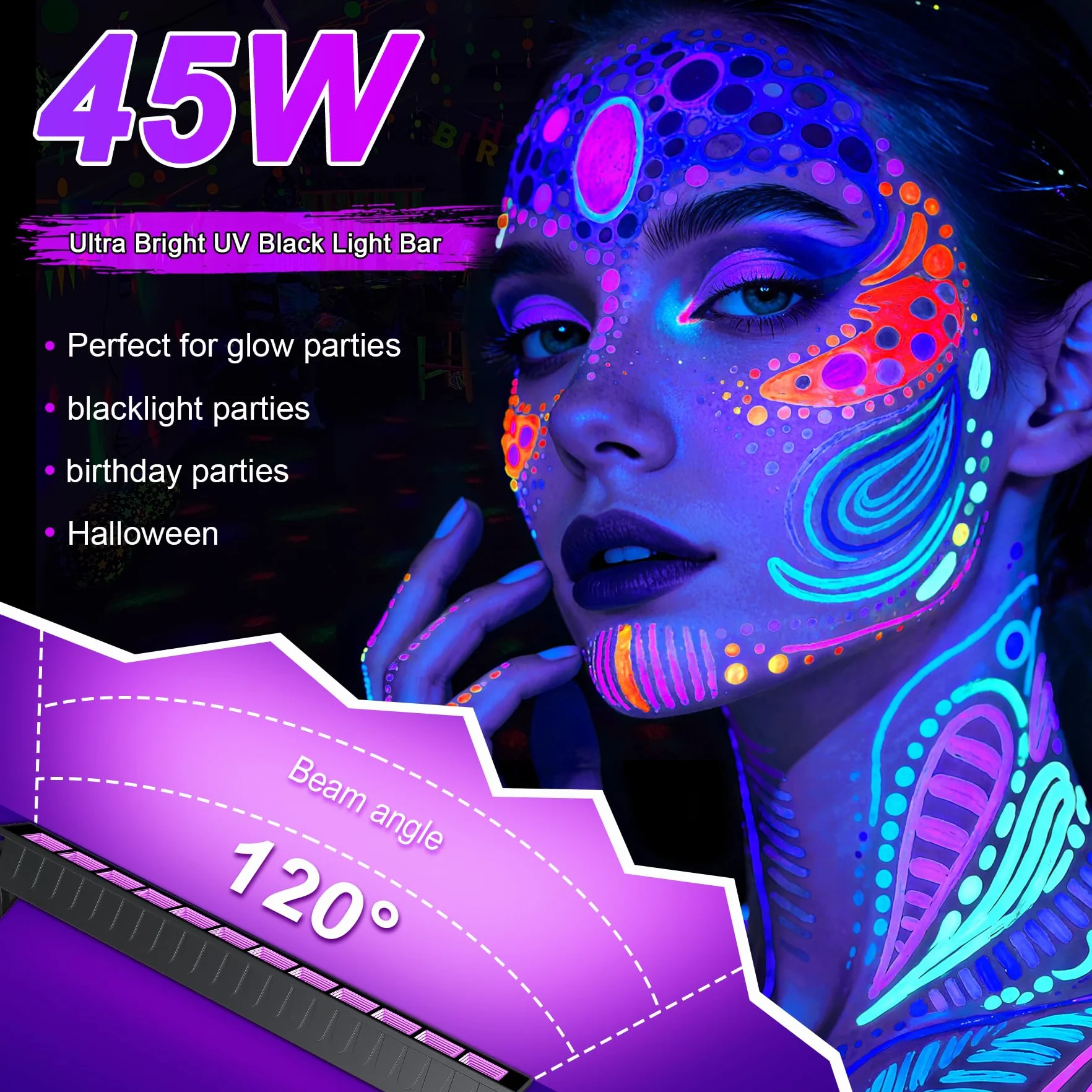 2-Pack Lampy UV LED Black Light 45 W, 395 nm, Listwa Światła UV do Imprez Fluorescencyjnych, Body Paint, Halloween, Plakaty Neonowe, IP66 Wodoodporna