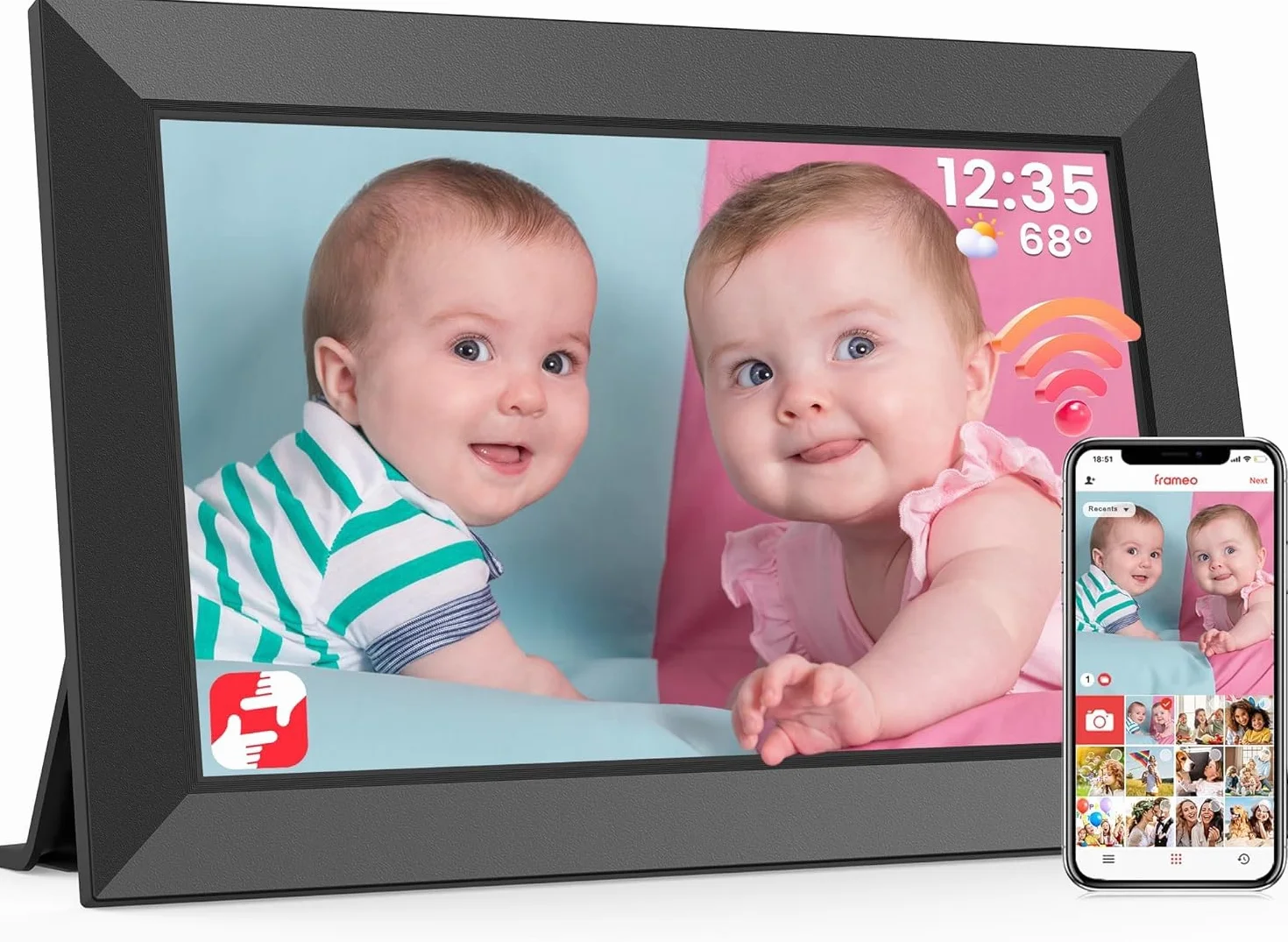 Frameo 10,1-calowa cyfrowa ramka na zdjęcia WiFi, ekran dotykowy IPS 1280x800 HD Elektroniczna ramka na zdjęcia, pamięć 32GB, automatyczne obracanie, natychmiastowe udostępnianie chwil