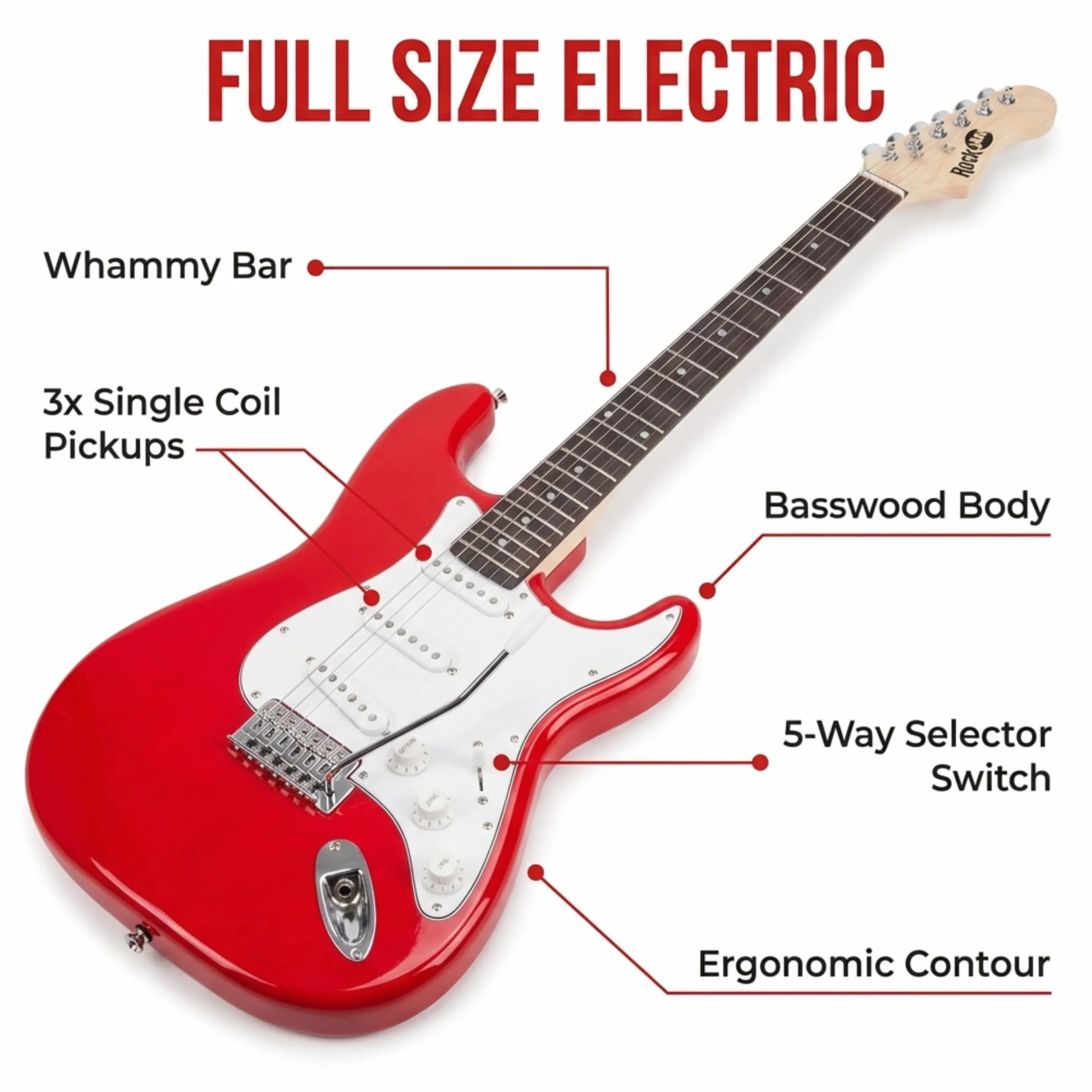 RockJam pełnowymiarowy zestaw gitarowy elektryczny z wzmacniaczem 10-watowym, akcesoriami i lekcjami, Czerwony