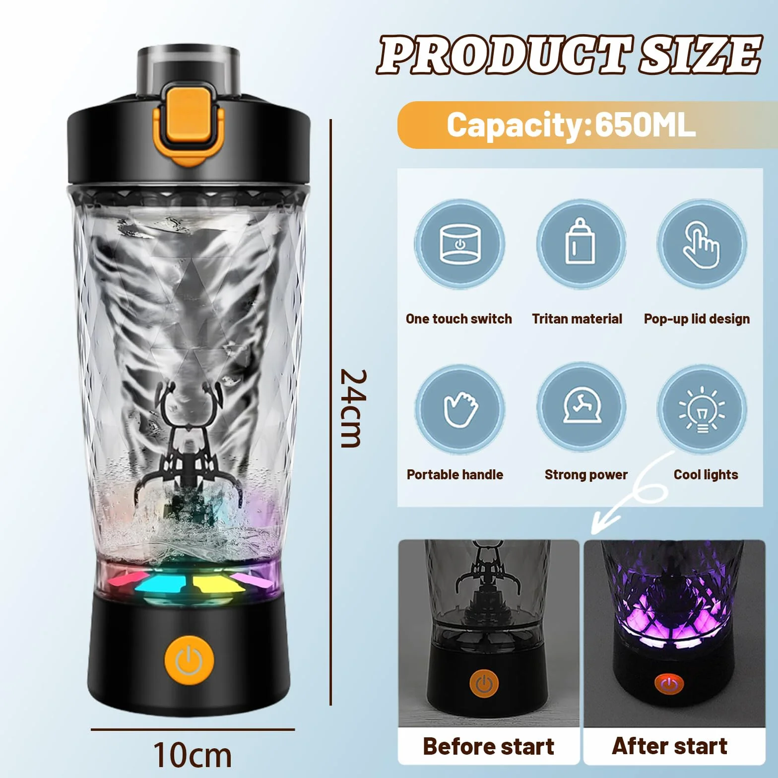 flintronic Elektryczny shaker do białek, 650 ml, elektryczny shaker do białek, automatyczny mikser do białek, ładowanie USB C, shaker do koktajli proteinowych, zamiennik posiłków, bez BPA