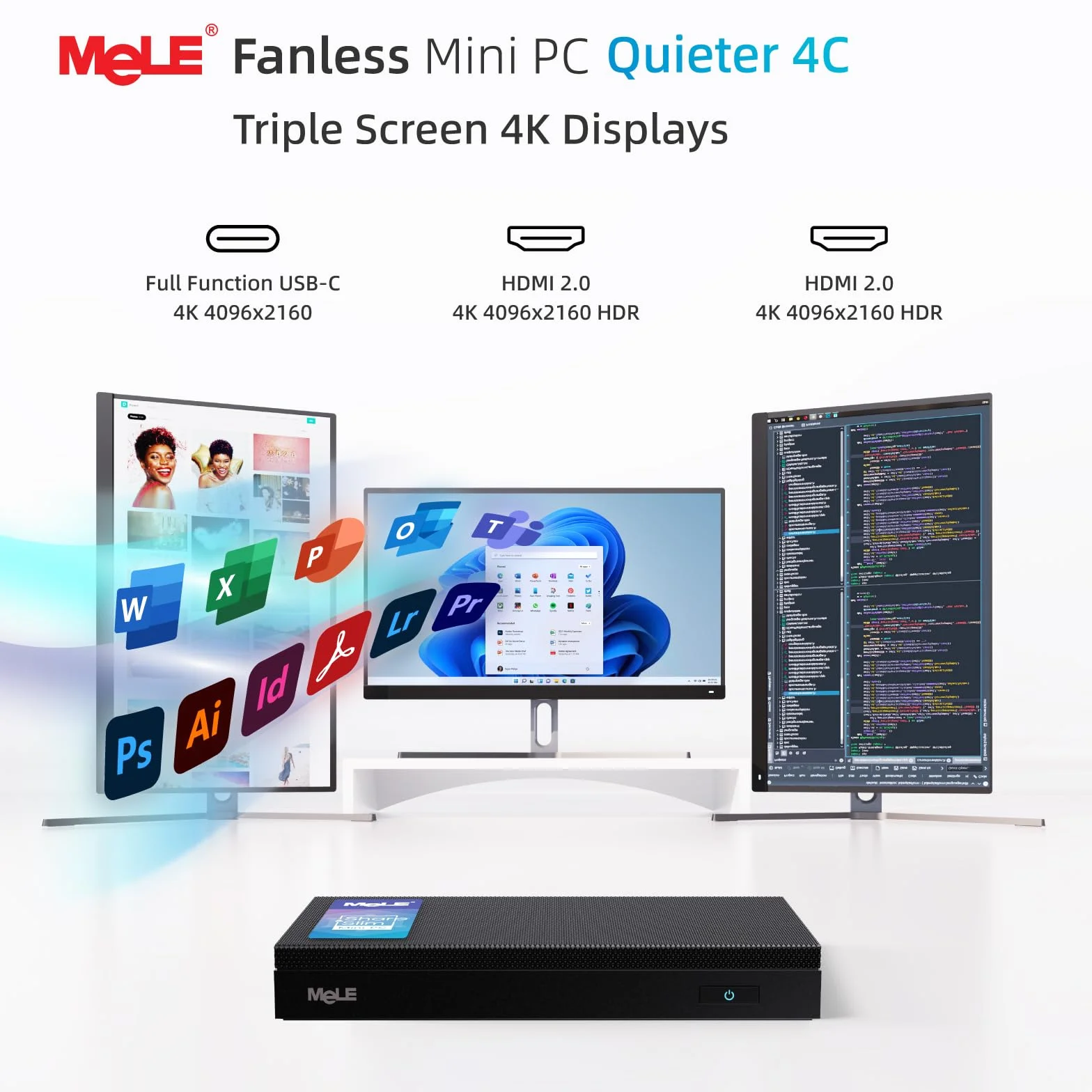 MeLE Quieter4C minikomputer bez wentylatora, 32 GB DDR4, 512 GB ROM, Twin Lake N150 (do 3,6 GHz), 2 x USB-C, 2 x HDMI 4K 60, potrójne ekrany, VESA