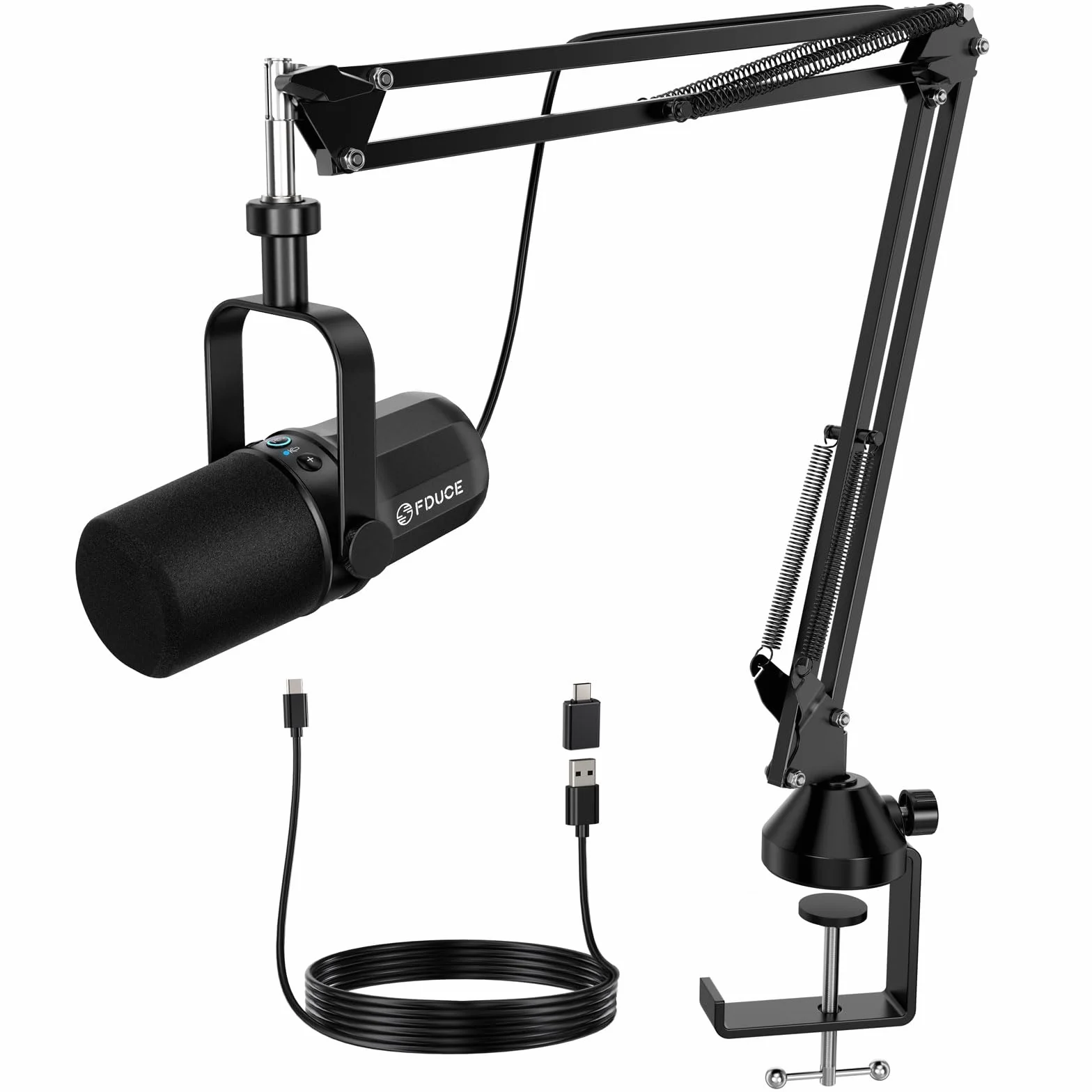 FDUCE SL40+ Zestaw mikrofonowy, USB/XLR do podcastów, grania i streamingu, dynamiczny mikrofon ze statywem typu boom, wbudowane wyjście słuchawkowe, przycisk wyciszenia, pokrętło wzmocnienia