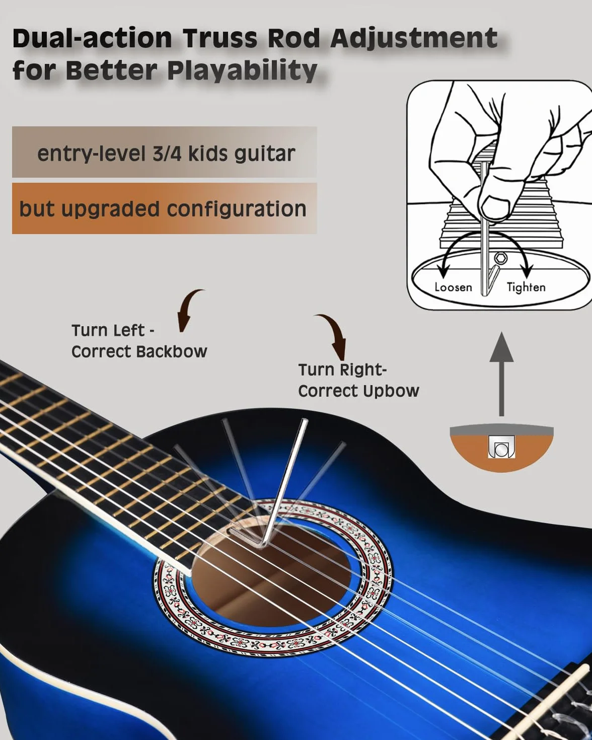 Winzz Gitara koncertowa 3/4, klasyczna gitara dla początkujących zestaw dla dzieci - niebieska błyszcząca (36 cali)