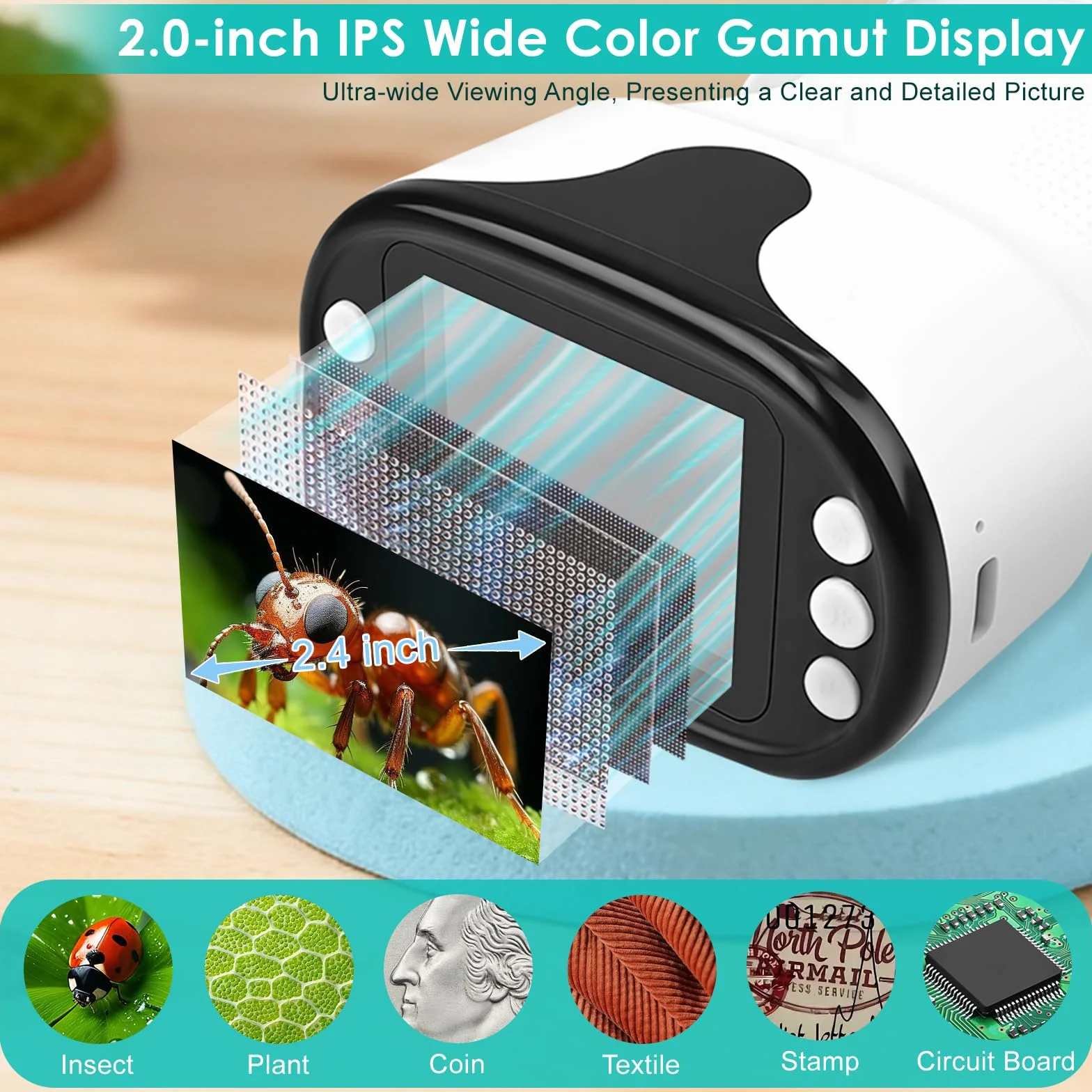 Mikroskop dla dzieci, 1000X 4K, cyfrowy mikroskop dla dzieci, wyświetlacz IPS 2,0" i 8 diod LED, 720P HD, przenośny mikroskop, ładowanie USB, nauka na zewnątrz od 3 lat, biały