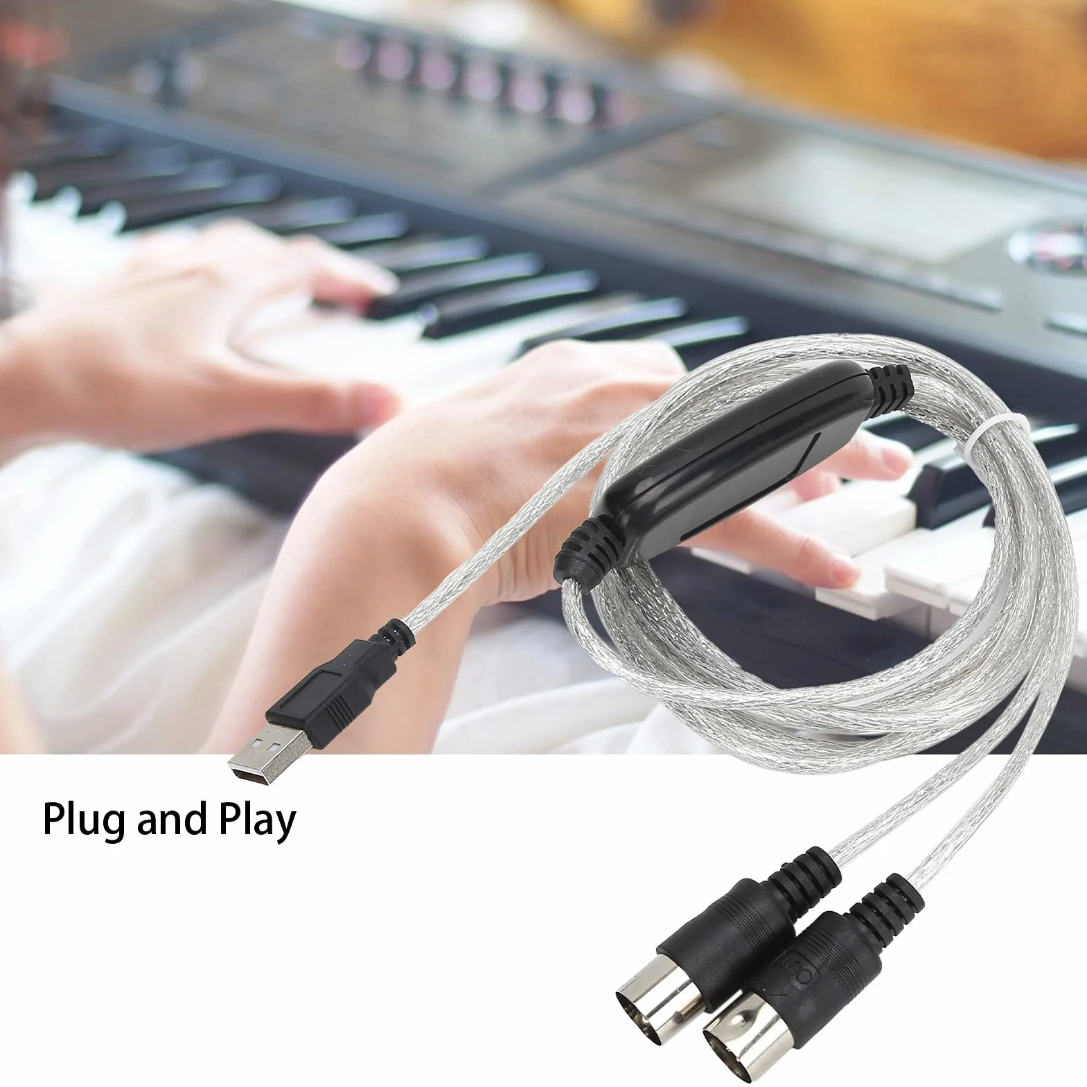 Fdit Uniwersalny kabel MIDI na USB, 2 m, do klawiatury i syntezatorów, 5-pinowy interfejs MIDI, bez napędu, wskaźnik wejścia i wyjścia, łączy elektroniczne instrumenty muzyczne z komputerami