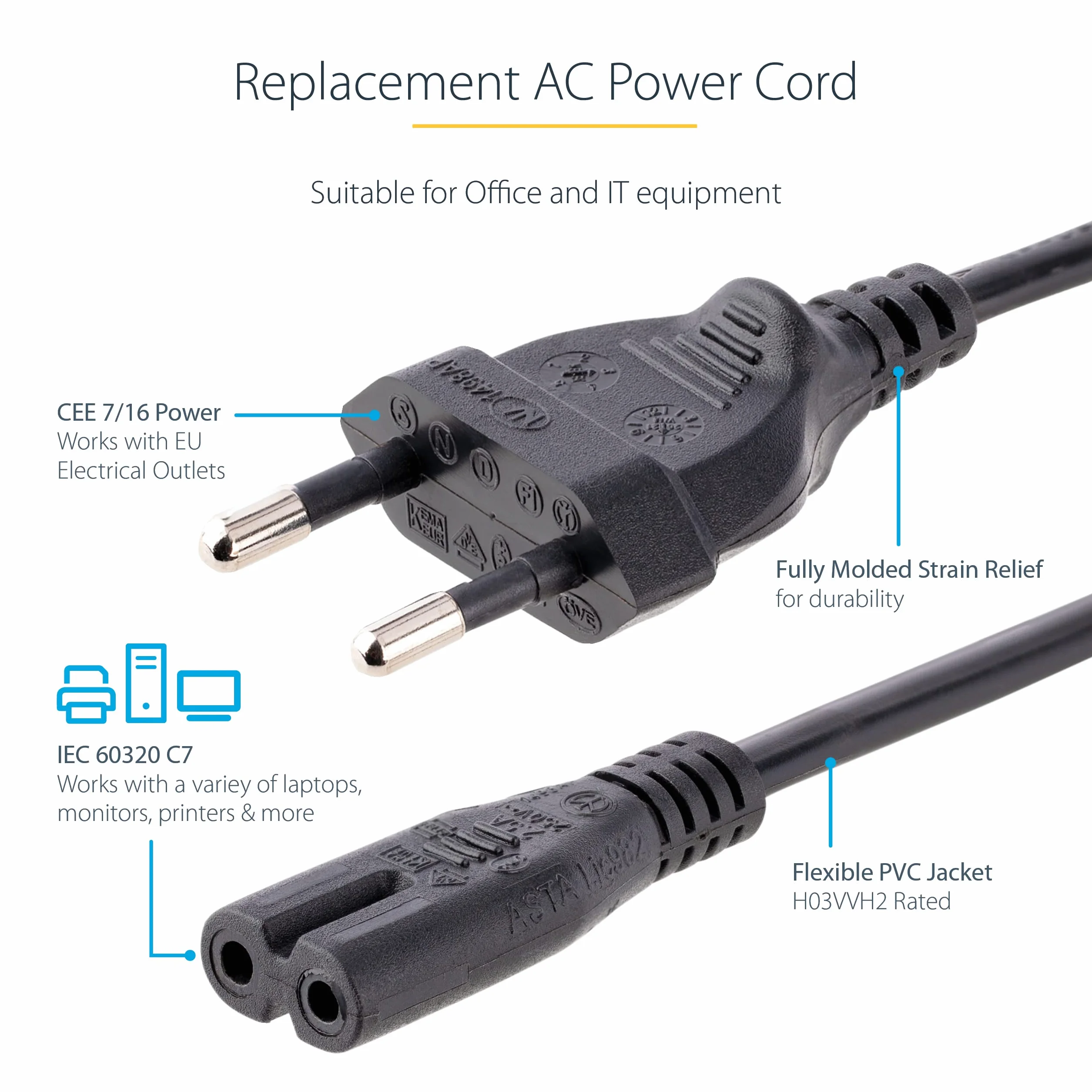 StarTech.com Kabel do ładowania laptopa, wtyczka EU na C7, 2,5 A, 250 V, 18 AWG, kabel zamienny do laptopa, kabel zasilający do laptopa, kabel zasilający do laptopa, kabel zasilający/kabel sieciowy