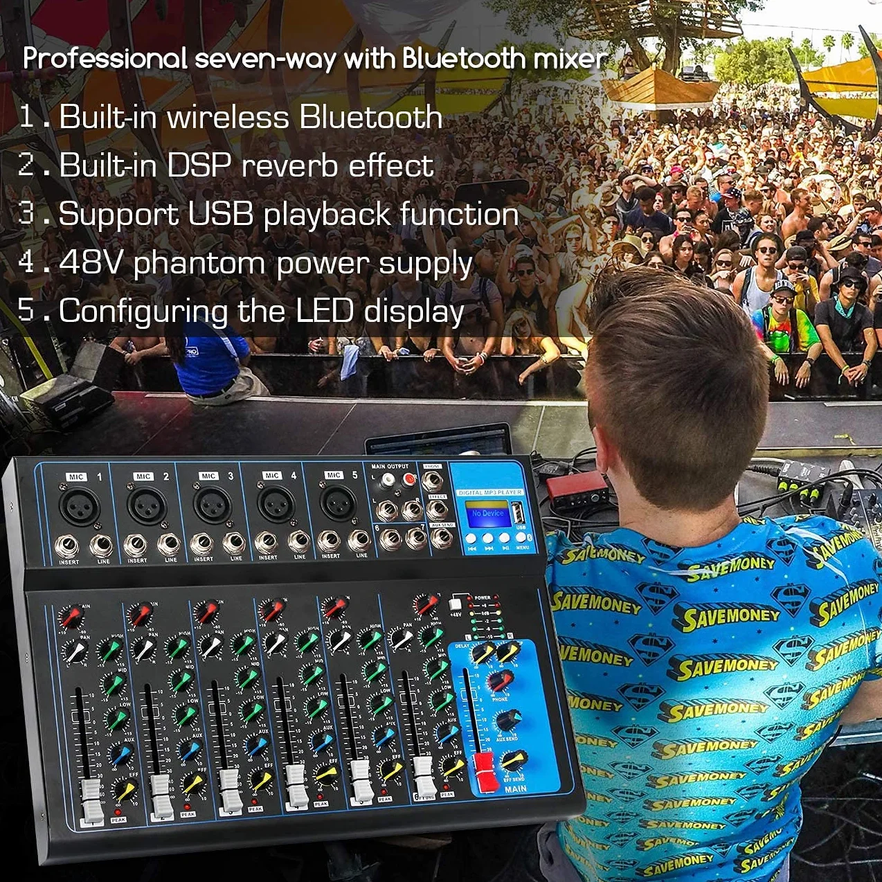 Depusheng HT7 przenośny mikser audio Bluetooth z USB DJ Sound, konsola mieszająca MP3, gniazdo 48 V, Power 7-kanałowy, mikser do nagrywania komputera