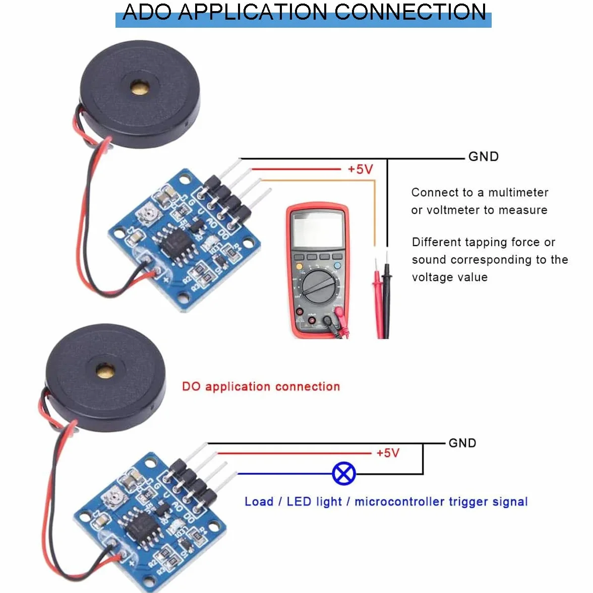 4 sztuki 5 V piezoelektryczny czujnik wibracji moduł przełączania TTL, dwa opcjonalne wyjścia AD/DO regulowany moduł przełącznika wibracyjnego z kablem DuPont do Arduino DIY