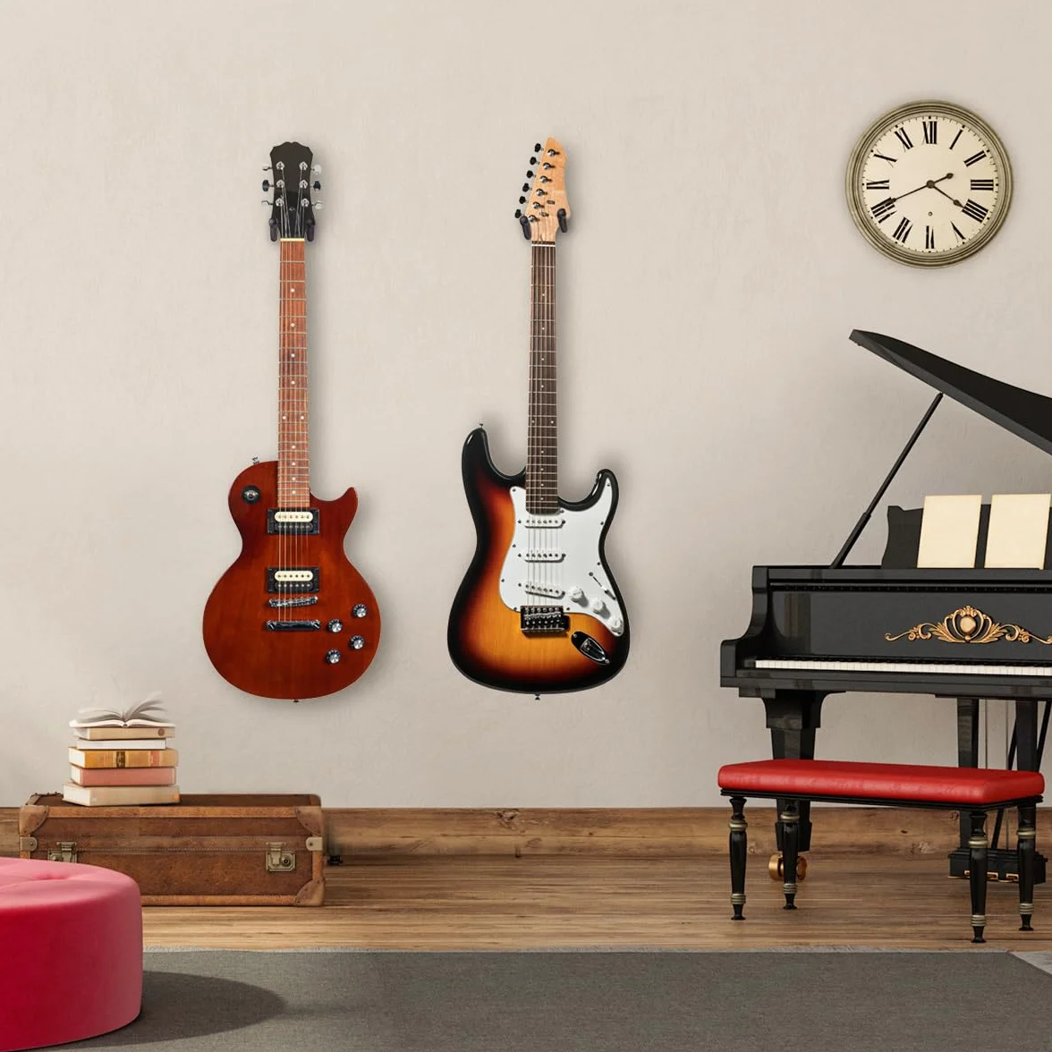 New Bee Uchwyt ścienny na gitarę, 2 sztuki, uniwersalny drewniany uchwyt na gitarę z haczykiem w kształcie litery V i regulowanym jarzmem, rustykalny drewniany z metalowymi akcentami, nośność do 15 kg