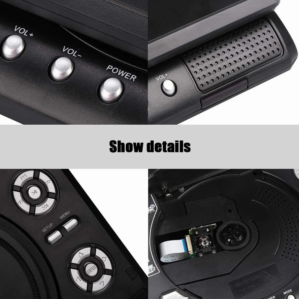 Przenośny odtwarzacz DVD, 7-calowy obrotowy ekran LCD HD TV z wbudowanym odczytem kart do lotów, podróży drogowych, obsługa DVD, SVCD, CD, CD-R/RW, samochodowy odtwarzacz DVD (EU)