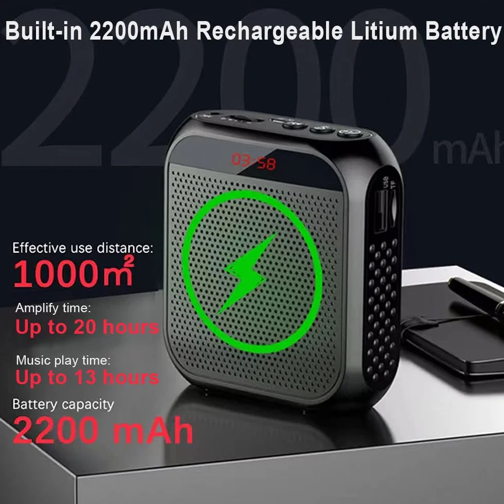 Przenośny wzmacniacz głosu 2200 mAh ładowalny system PA mikrofon z głośnikiem czarny