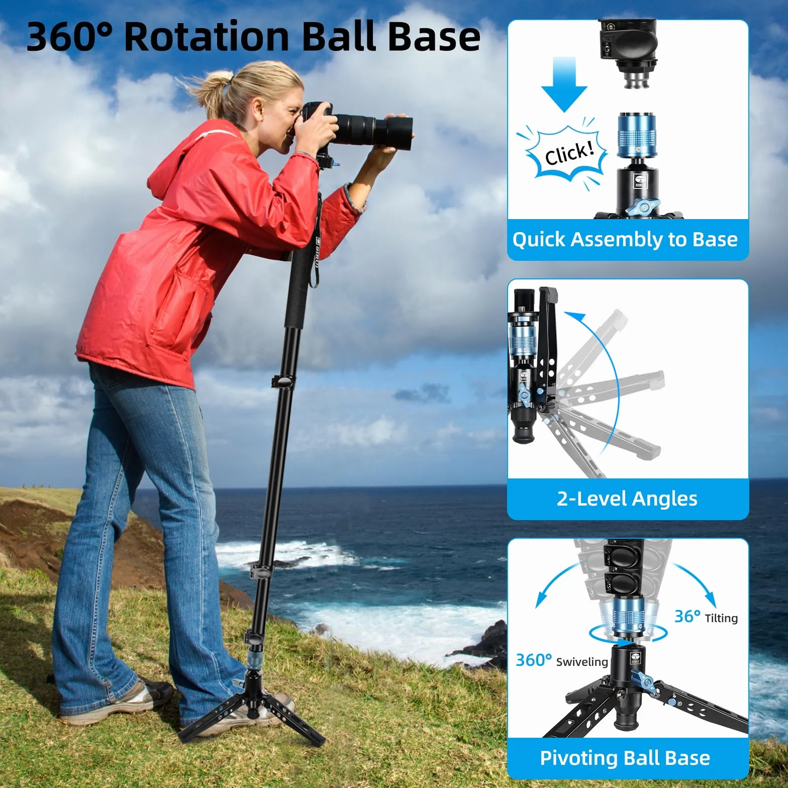 SIRUI Aluminiowy monopod ze stopkami, kompaktowy profesjonalny monopod 192,5 cm do aparatów, obsługuje do 15 kg, kompatybilny z Sony, Canon, Nikon DSLR, AM-404FL+QC-55