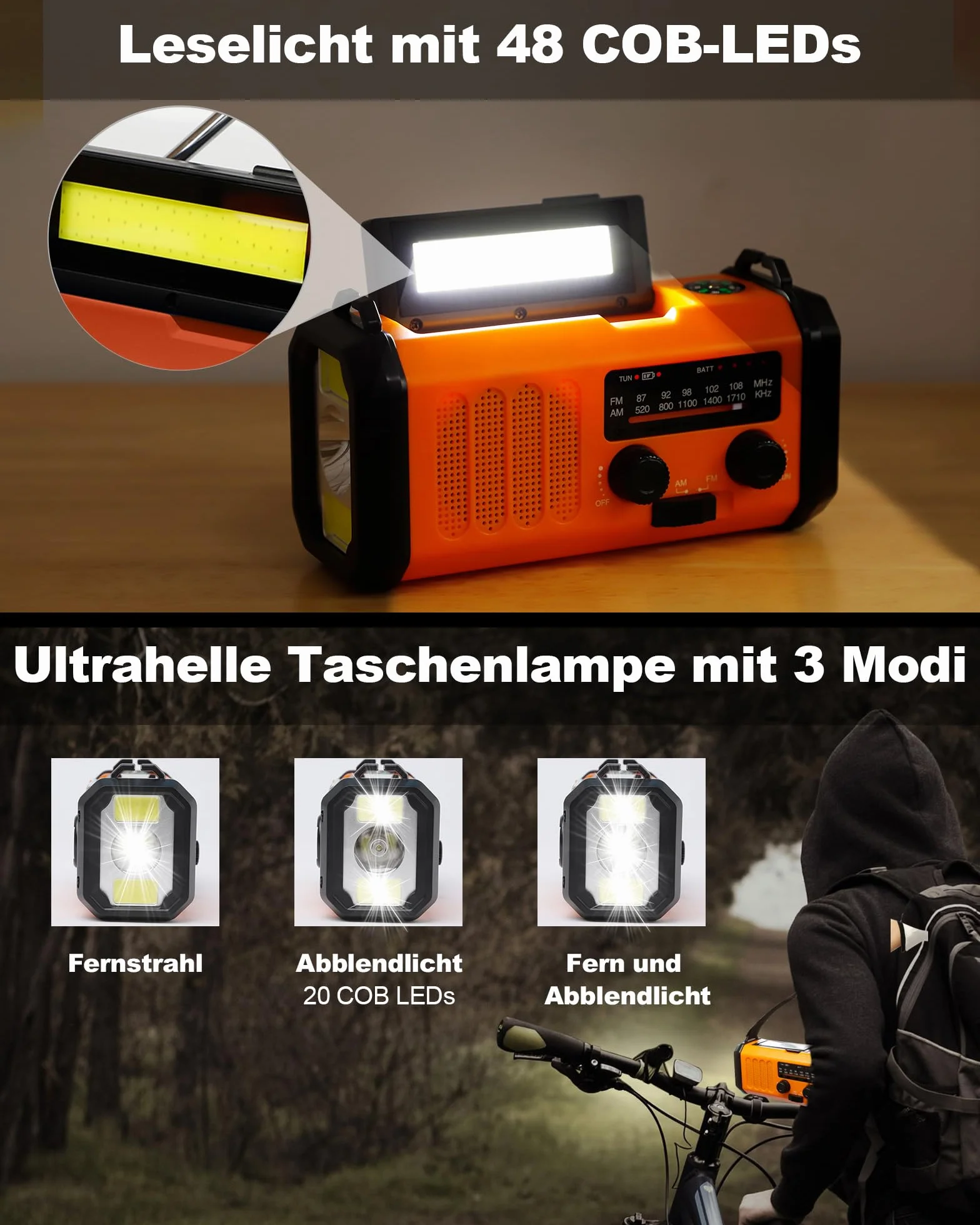 48100mWh/13000mAh Solarne Radio Awaryjne z Korbą Ręczną, 4 Kierunkowy Przenośny Akumulator AM FM Radio,ładowarka do Telefonu,Latarka i Lampka do Czytania,SOS,Kompas dla Przetrwanie Czarnout Kempingowy