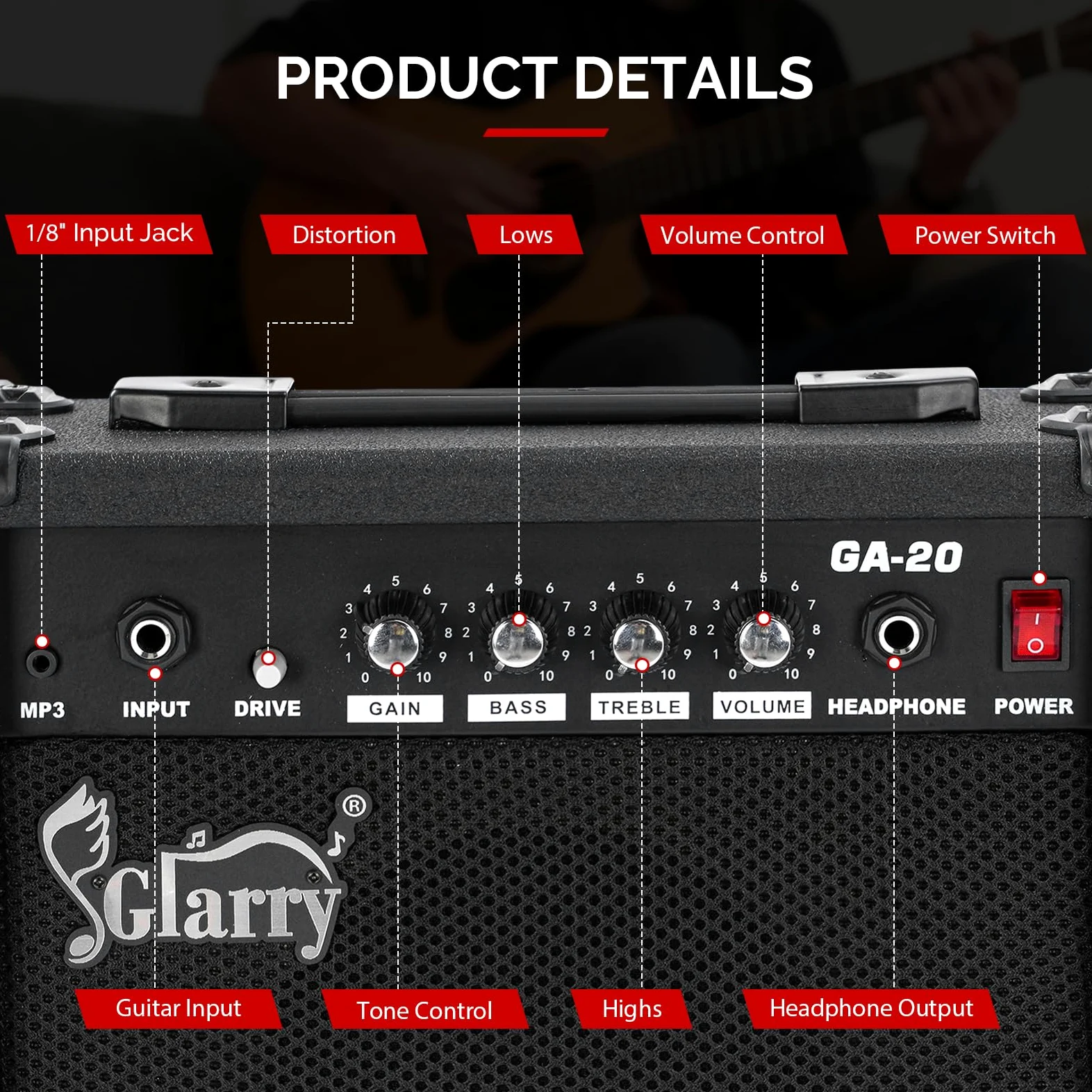 GLARRY Wzmacniacz do gitary elektrycznej, przenośny wzmacniacz lampowy do gitary z wejściem słuchawkowym MP3, wzmacniacz gitarowy 20 W, akcesoria głośnikowe z kontrolami basu, głośności, wysokich i