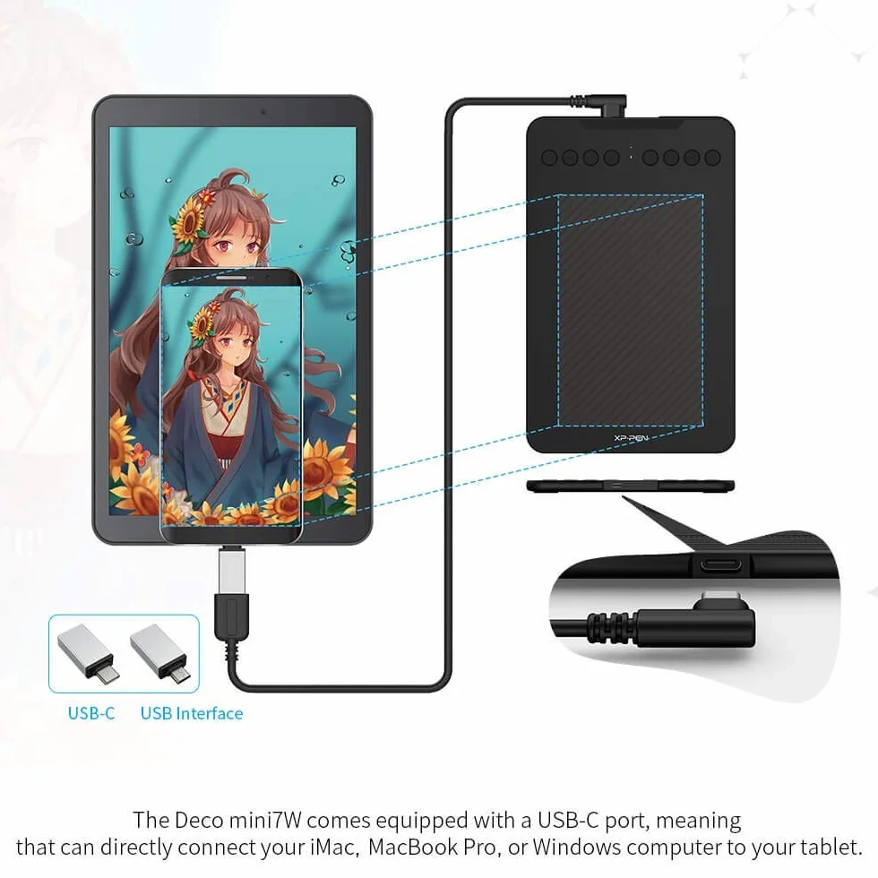 XPPen Deco Mini tablet graficzny 7 W, 2,4 G, bezprzewodowy tablet do rysowania, z nachyleniem 60°, kompatybilny z systemem Android/Windows/Mac/Chromebook