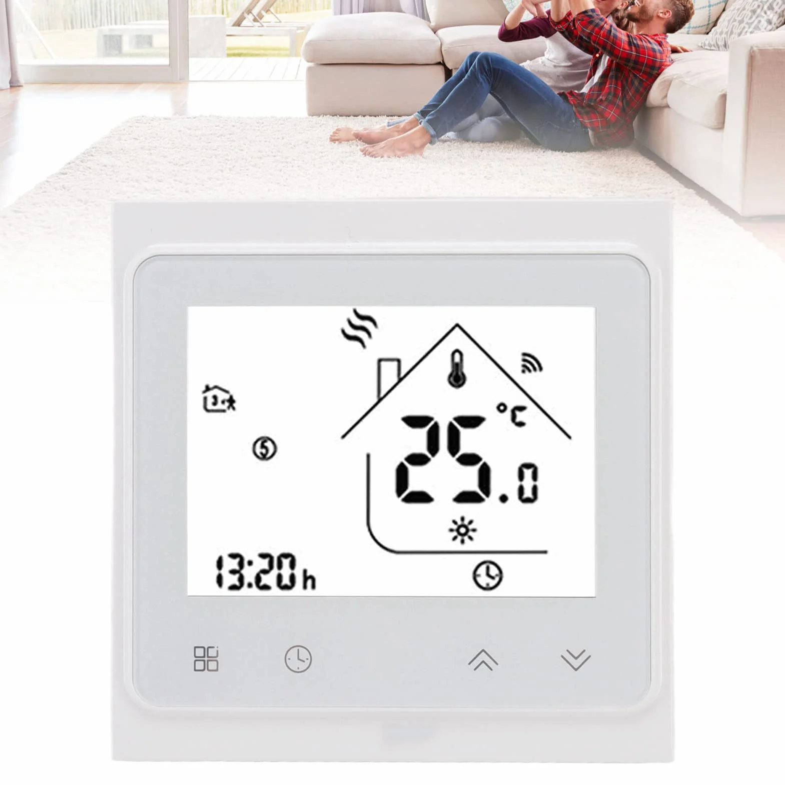 Termostat Cyfrowy, Inteligentny Termostat Cyfrowy AC 95–240 V, Biały, Kontrola za pomocą Aplikacji Bezprzewodowej, Obsługa 50 zaworów. Wysokiej Jakości materiał PP ABS, Piloty i