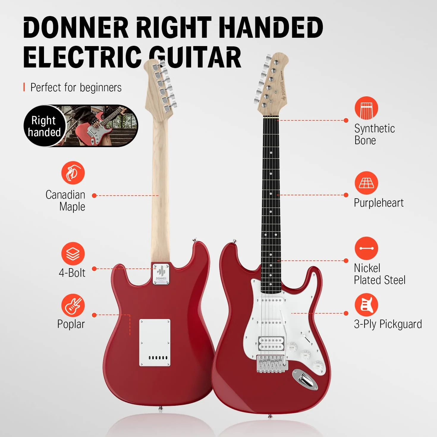 Donner Gitara elektryczna zestaw 39 cali ze wzmacniaczem, torbą, kapo, paskiem, strunami, tunerem, kablem i kostkami (czerwony)
