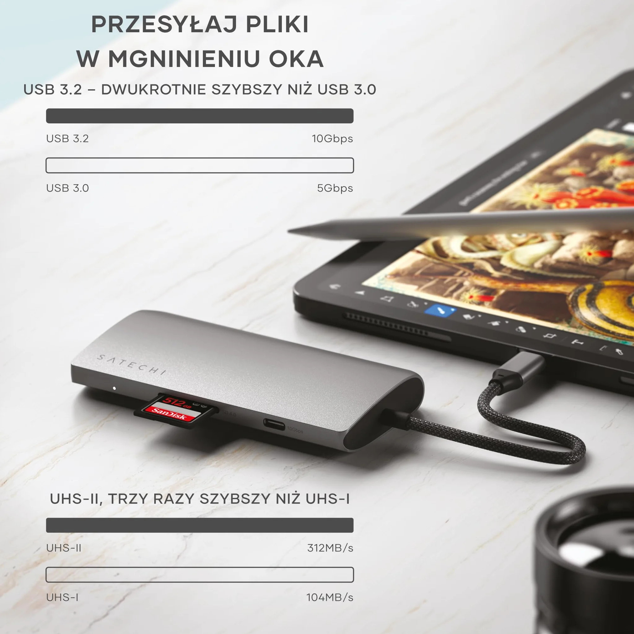 SATECHI Hub USB-C 8 w 1 z Ethernetem, HDMI 8K@30Hz, ładowaniem PD 85 W, 4 portami USB-C 10 Gb/s, transferem danych i czytnikiem kart SD UHS-II do MacBooków Air/Pro/Neo, komputerów PC i innych