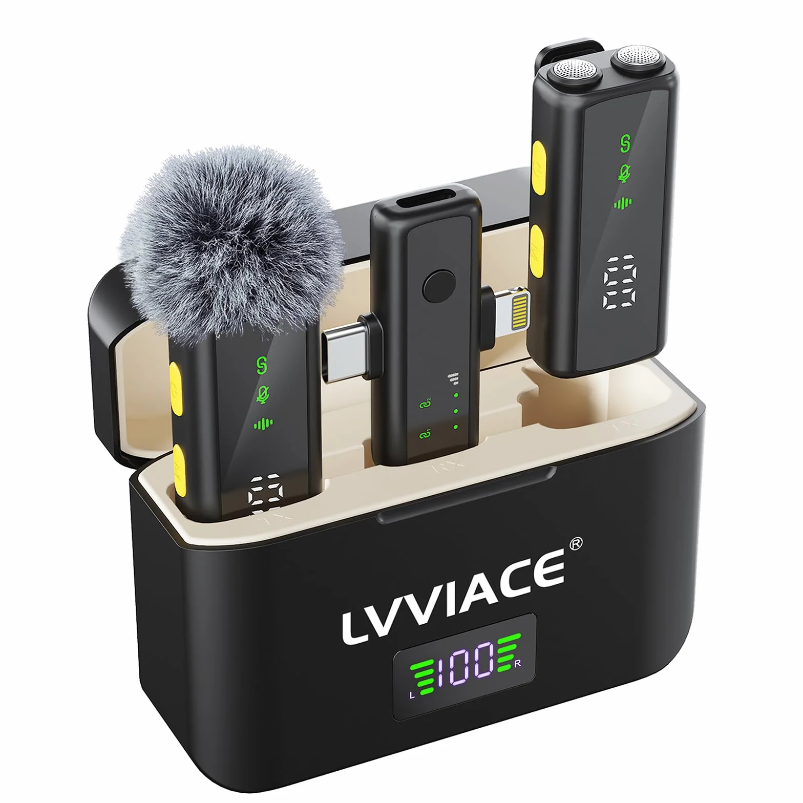 Bezprzewodowy mikrofon do iPhone'a, iPada, Androida (Lightning/USB C), podwójne mikrofony i etui ładujące z cyfrowym wyświetlaczem, inteligentna redukcja szumów, bateria 45H, zasięg 50 m do