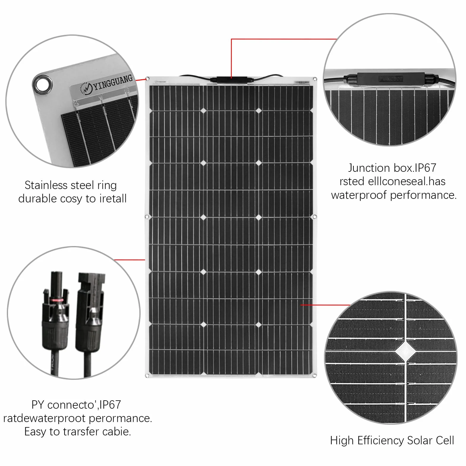 Panel słoneczny 100W 18V Elastyczny Moduł solarny Monokrystaliczna ładowarka solarna do niezależnego od sieci systemu/instalacji wyspowych/przenośnej