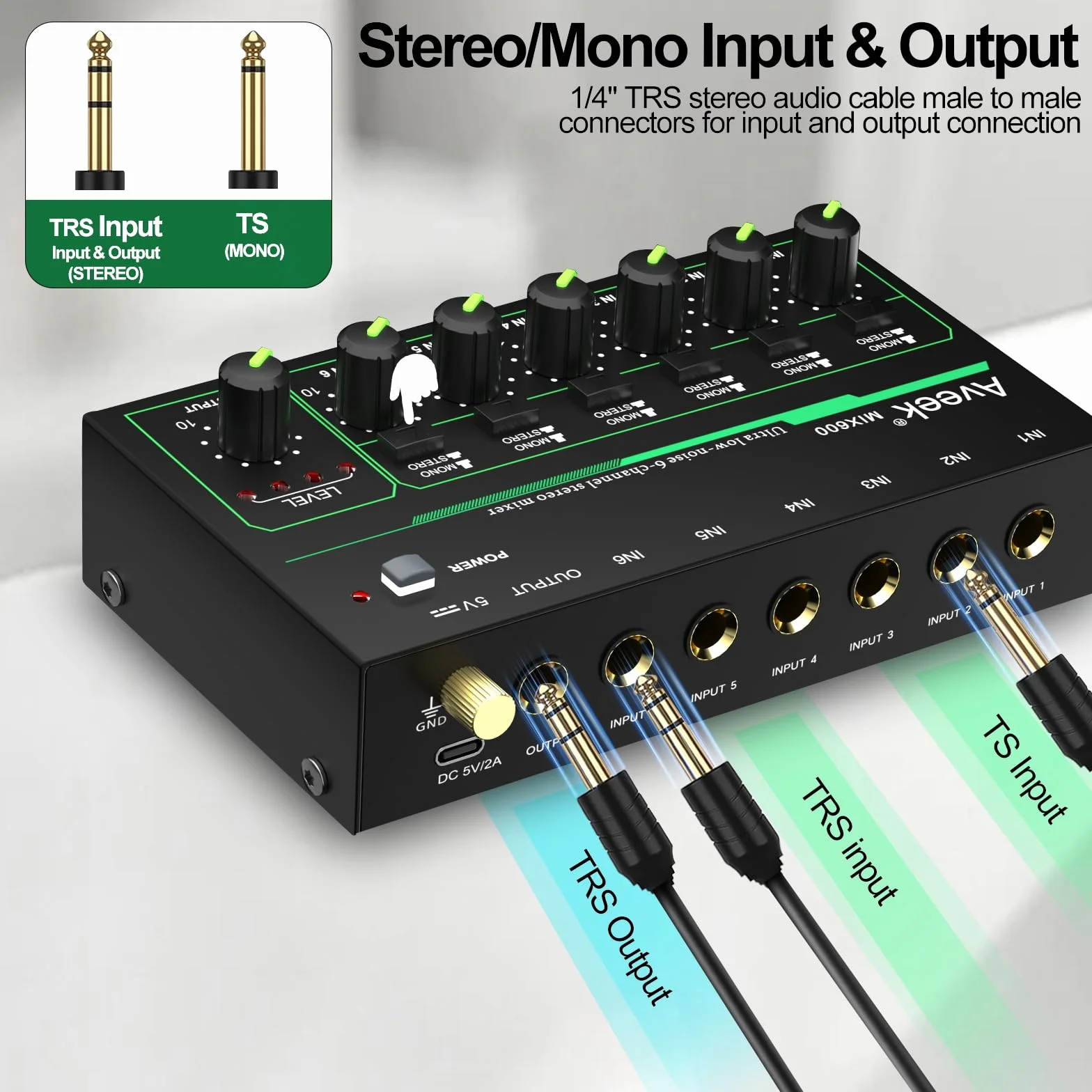 Aveek 6-kanałowy mikser – mini 6-kanałowy mikser audio stereo, niski poziom hałasu dla precyzyjnego podmieszania, wejście/wyjście TRS 1/4 cala, idealny do mikrofonów, gitar, basów, scen