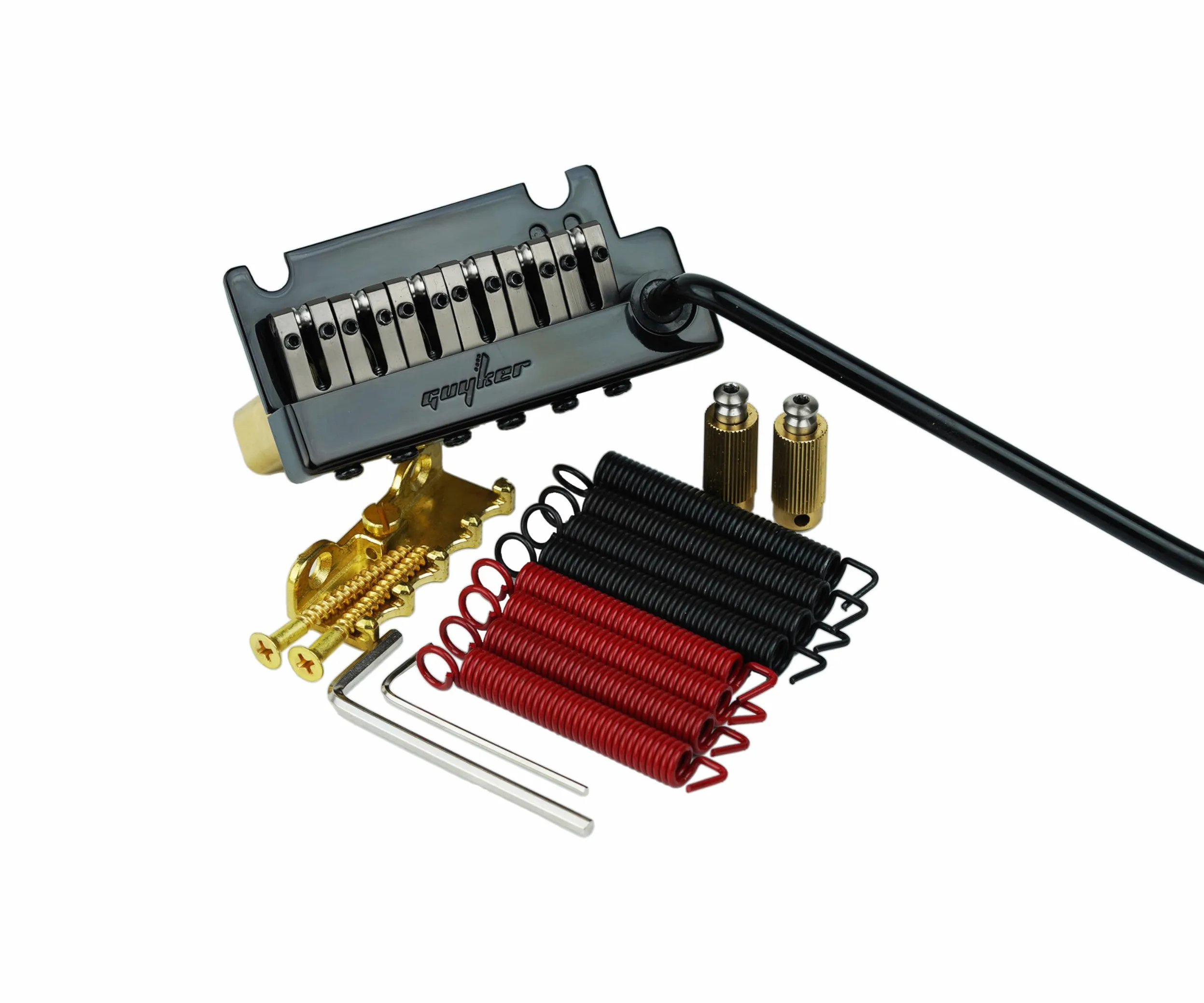 Guyker Mostek do gitary z tremolo, rozstaw strun 10,8MM z mosiężnym wałkiem, mosiężnym blokiem i śrubą mostka, sprężyną i szponą, pop-in wibrato, kompletny zestaw instalacyjny, GG1009-T Czarny