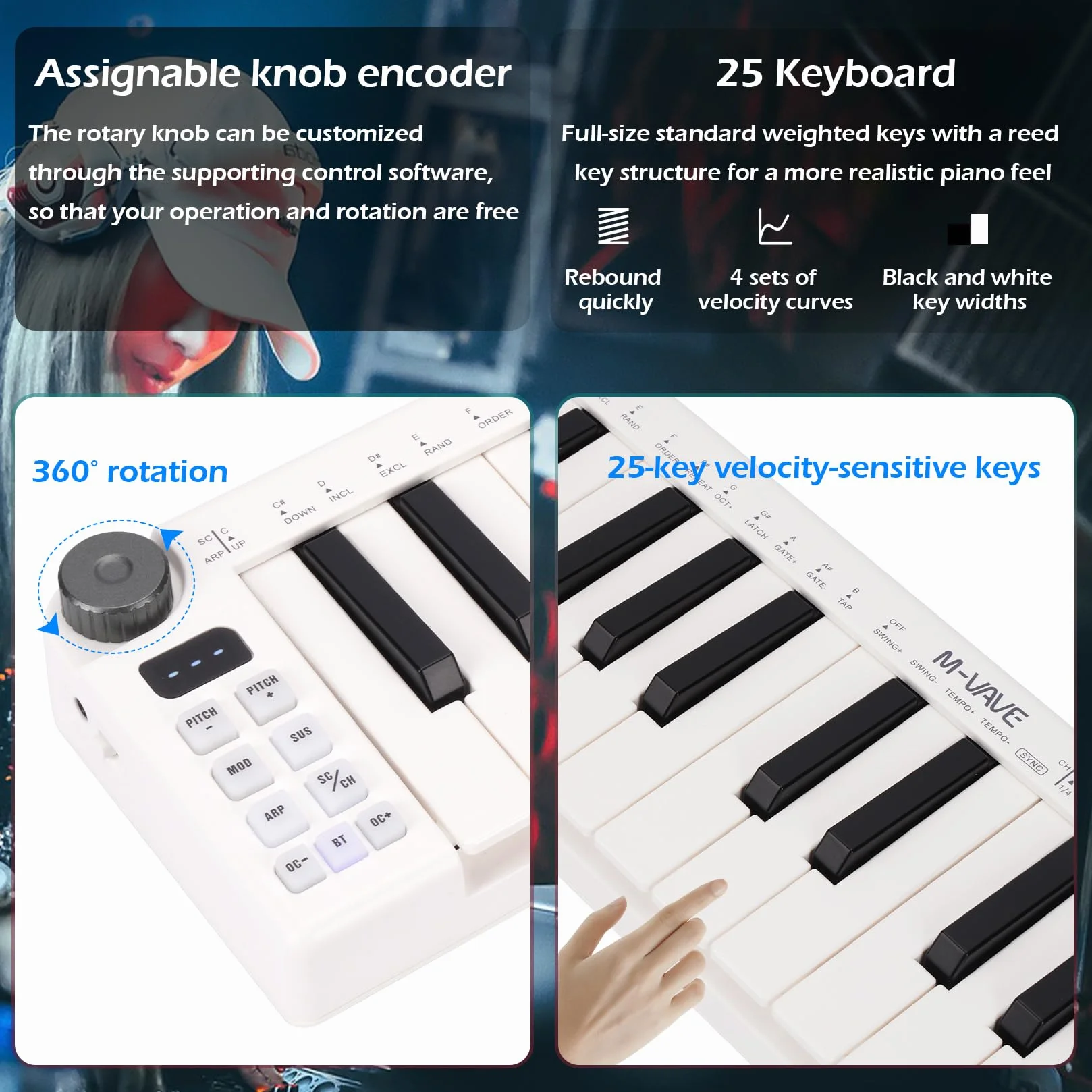 M-VAVE 25-klawiszowa mini klawiatura, klawiatura MIDI, profesjonalny Beat Maker i Keytar do produkcji muzycznej, wbudowana bateria, bezprzewodowe połączenie, Biały, mini bez
